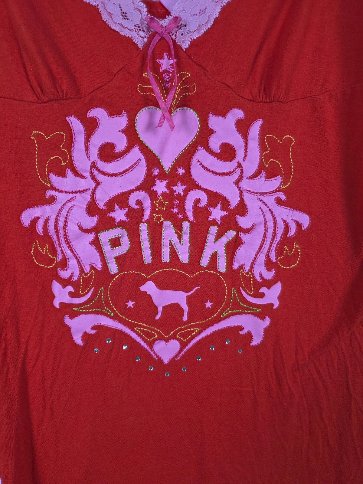 Vintage 2005 Victoria's Secret PINK M/L Red Lace Dog Tank Slip Dress Y2K Cotton
