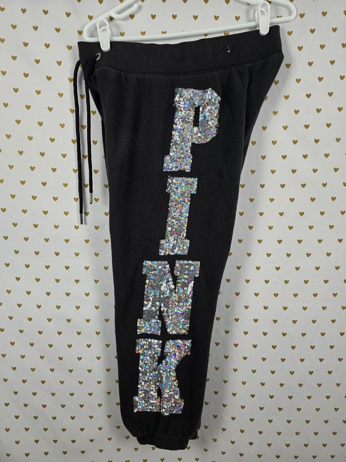 Victoria's Secret PINK Mega Bling Sweatpants M Sequin 1986 Black Joggers HTF