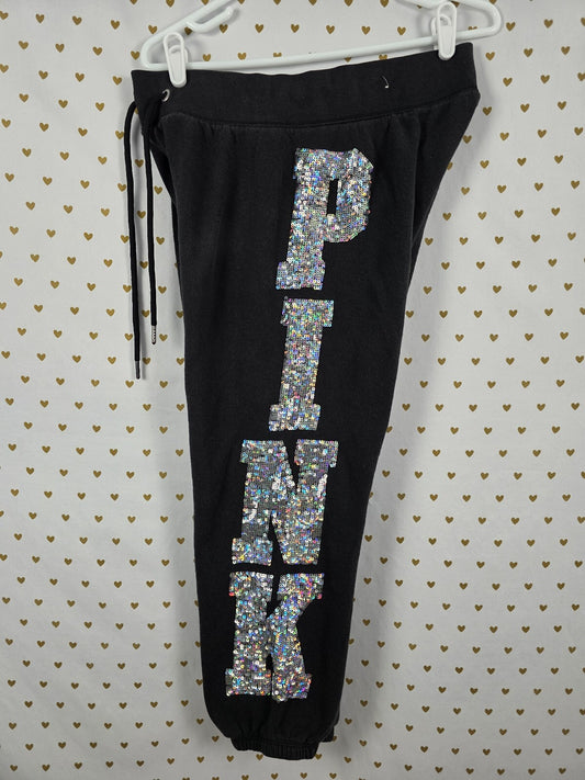 Victoria's Secret PINK Mega Bling Sweatpants M Sequin 1986 Black Joggers HTF