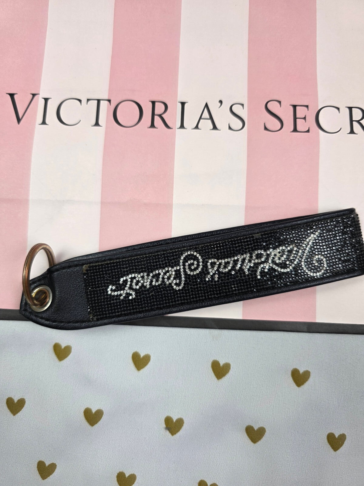 Victoria Secret BLING wristlet strap keychain Logo Studded Handle Rhinestone
