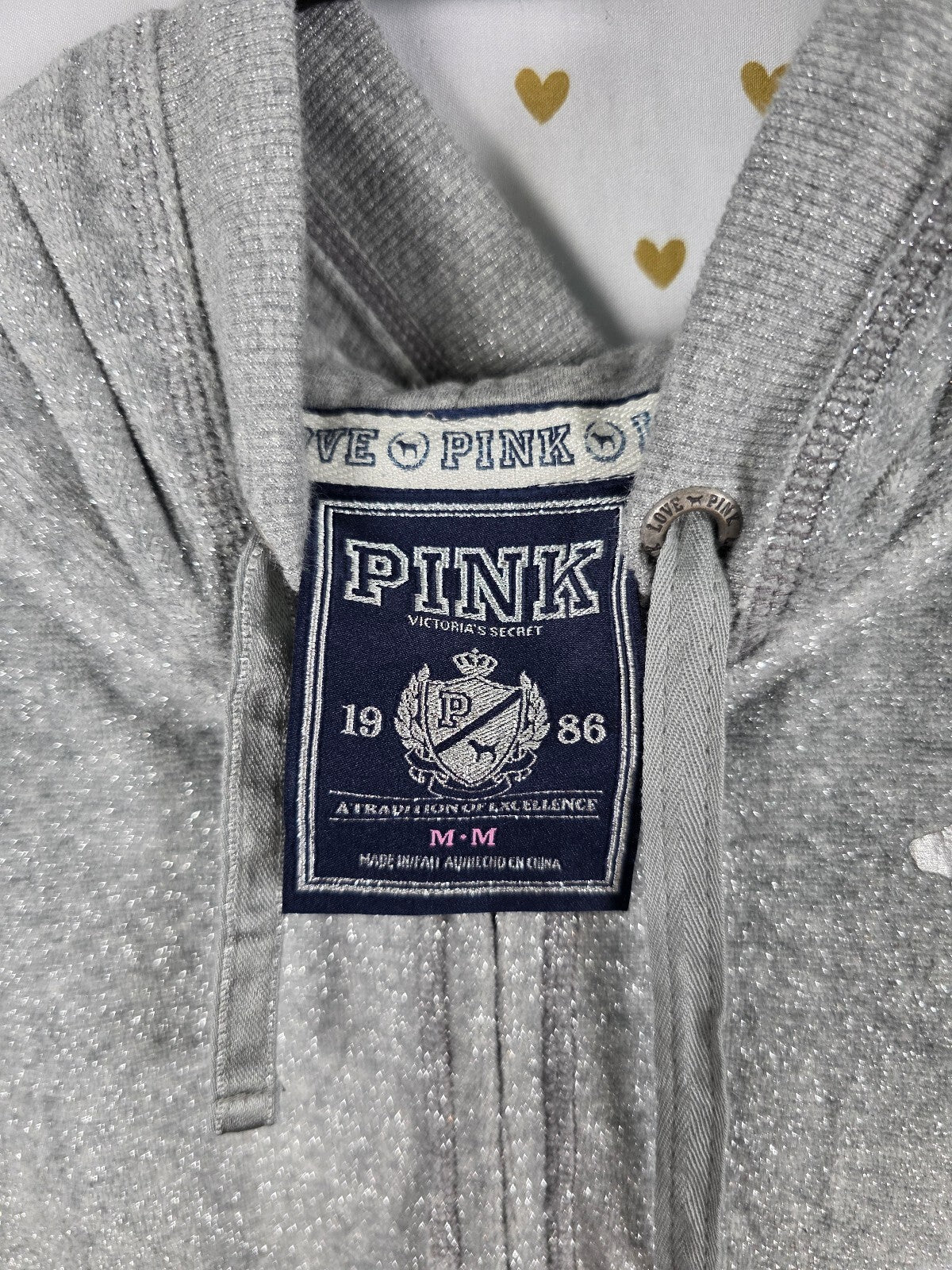 Victorias Secret Pink Vintage BLING Glitter Thread HEART SET Hoodie Sweats MED