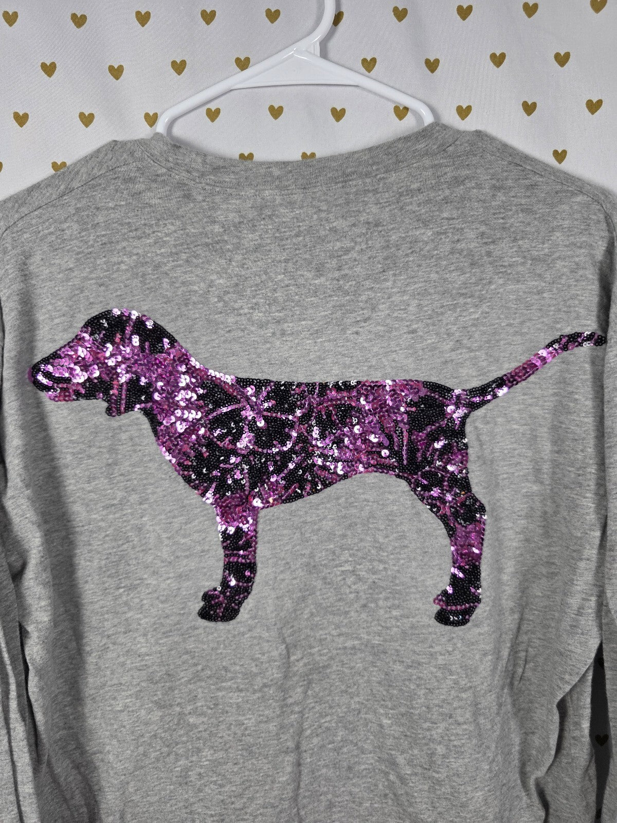 Victorias Secret PINK Purple DOG LOGO Bling Campus Long Sleeve Pocket Tee MEDIUM