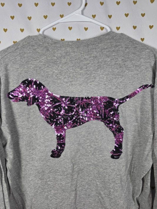 Victorias Secret PINK Purple DOG LOGO Bling Campus Long Sleeve Pocket Tee MEDIUM