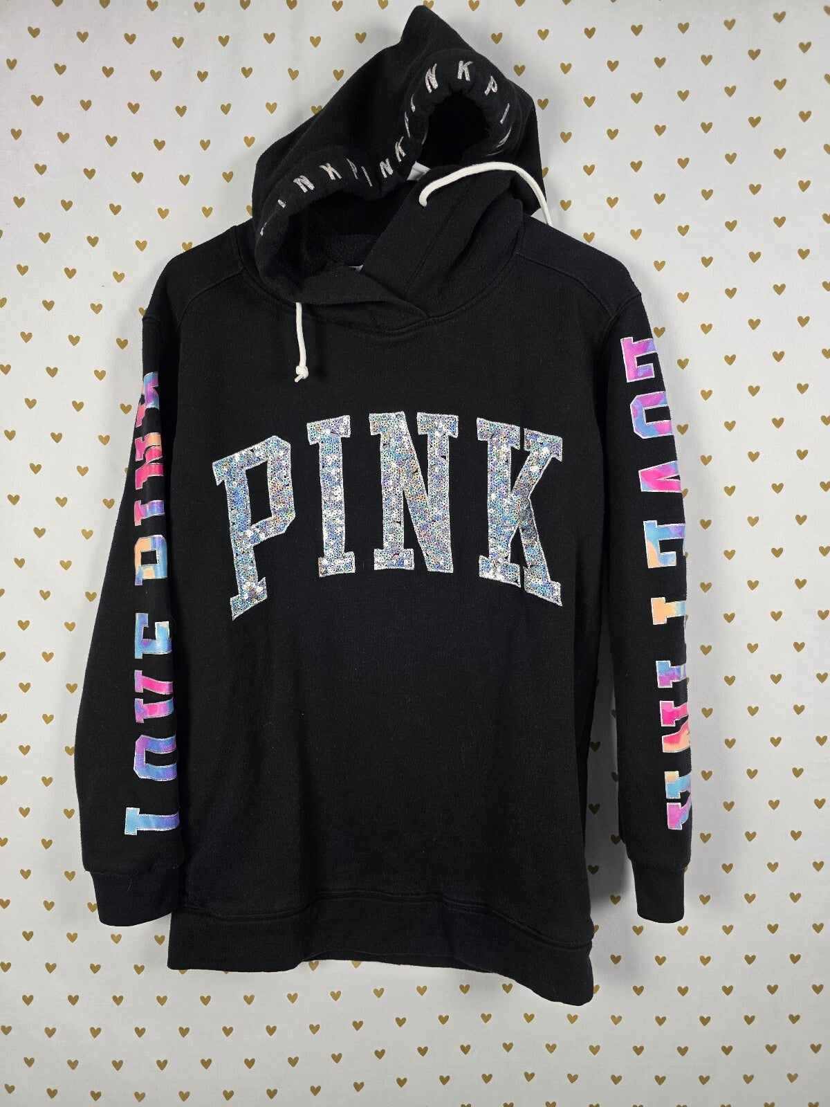 Victorias Secret Pink Bling Watercolor Hooded Sweater Logo Sequined XS