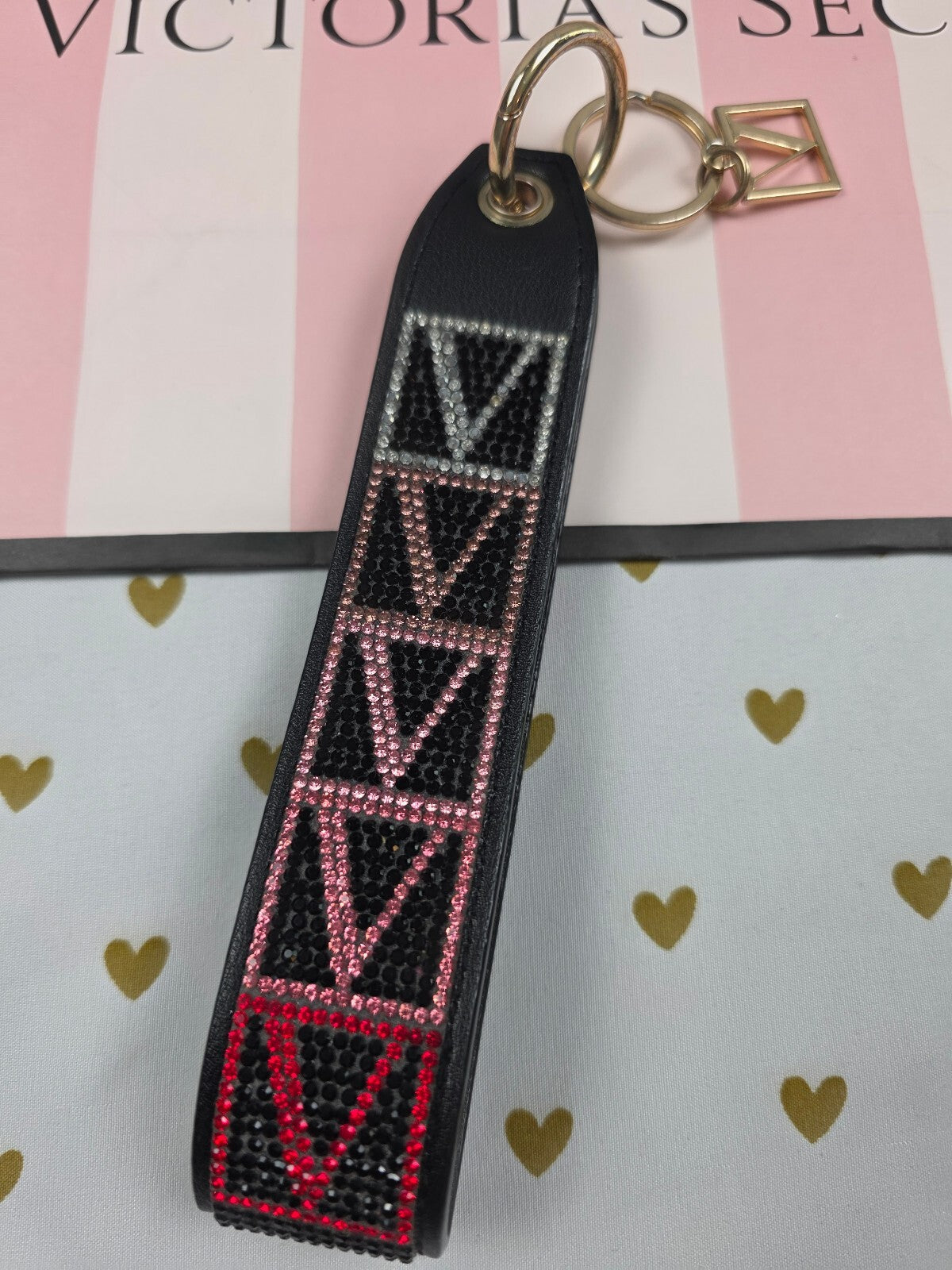 Victoria Secret BLING wristlet strap keychain Handle Rhinestone V logo