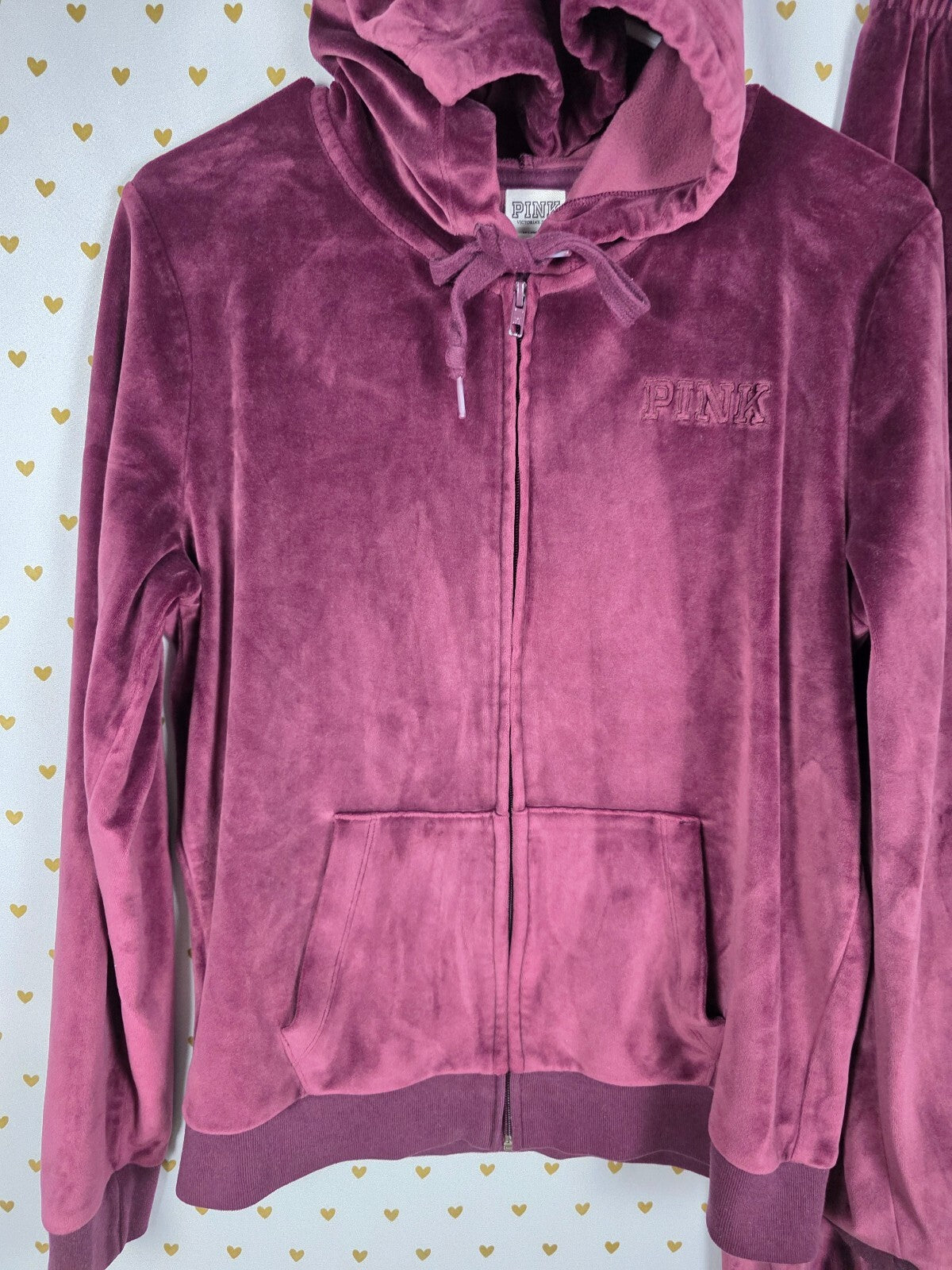 Victorias Secret Pink Velour Maroon Hoodie Jacket Sweats SET 2pc SMALL MED