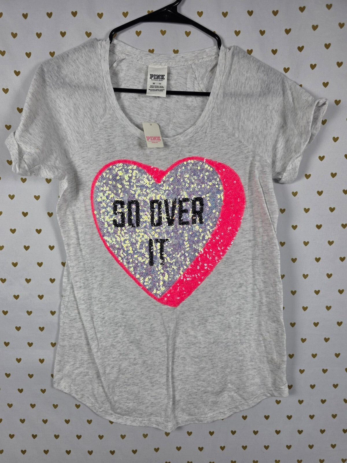 NWT Victoria's Secret PINK Sequin Heart So Over It Graphic Tee Shirt Gray XS