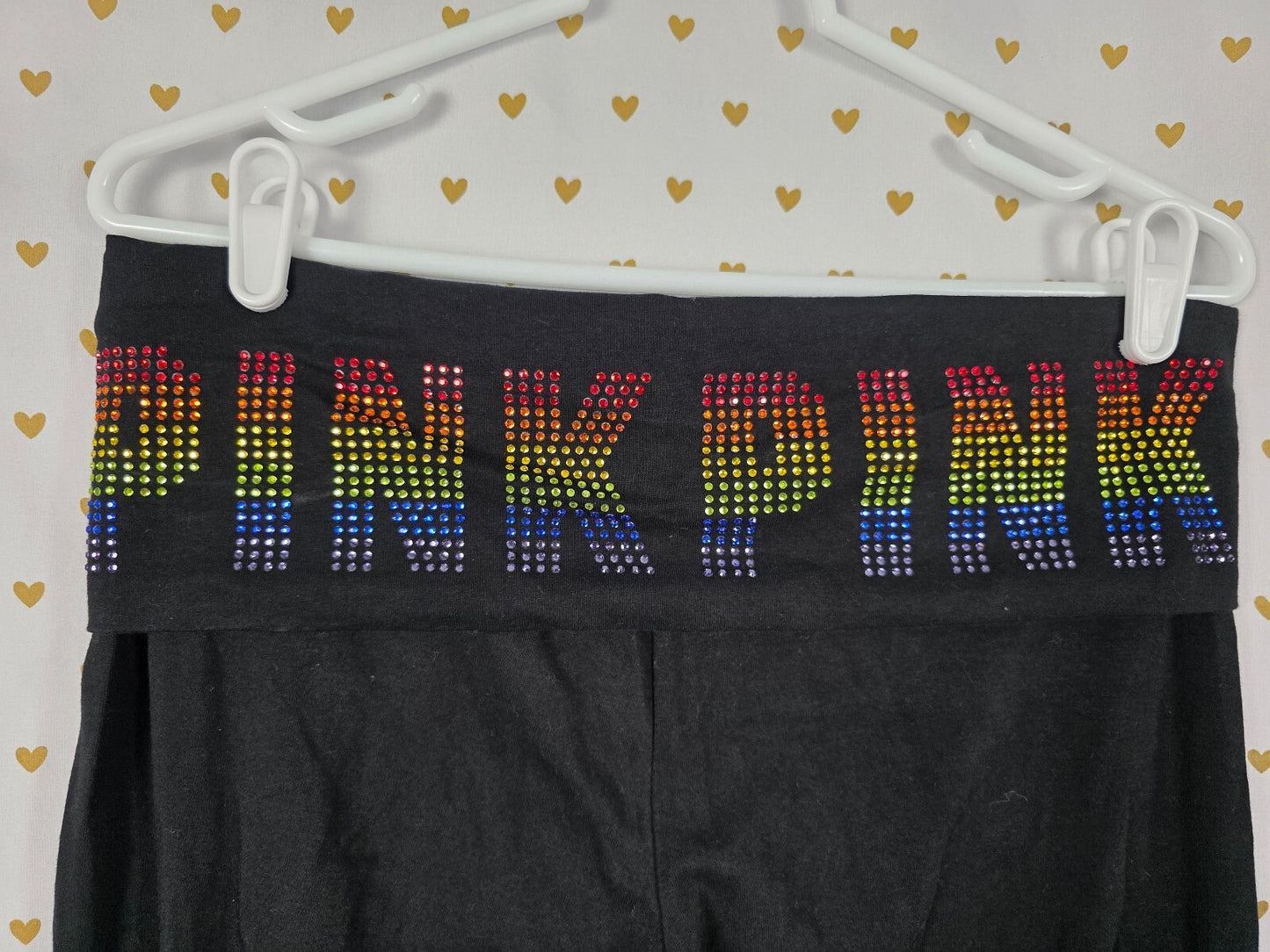 Victorias Secret PINK BLING Rainbow Studded FOLDOVER Yoga Pants LARGE Flared