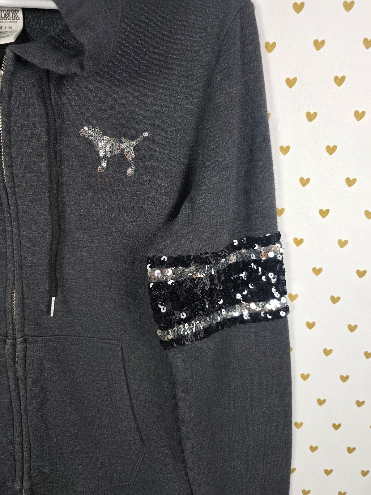 Victorias Secret Pink Bling Sequined Logo Full zip Hoodie Jacket Grey Medium