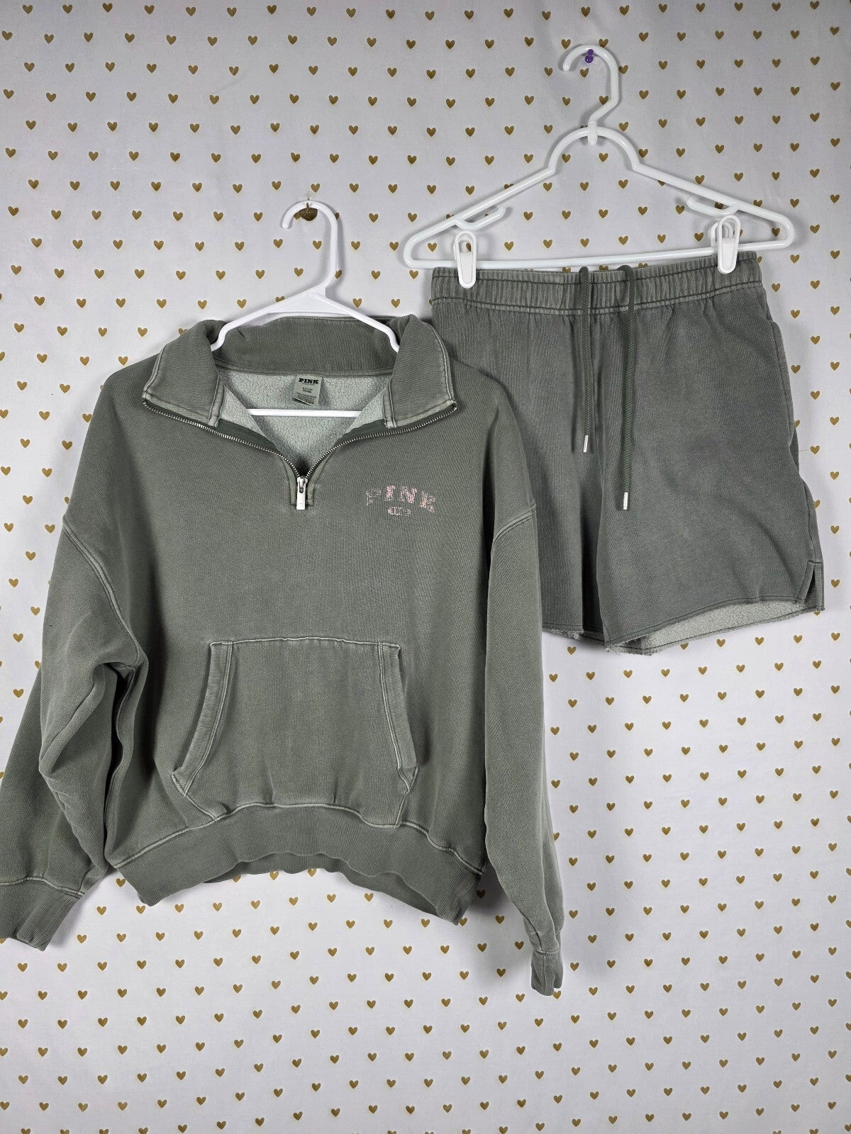 Victorias Secret Pink Sweater Shorts SET outfit Small Quarter Zip Green