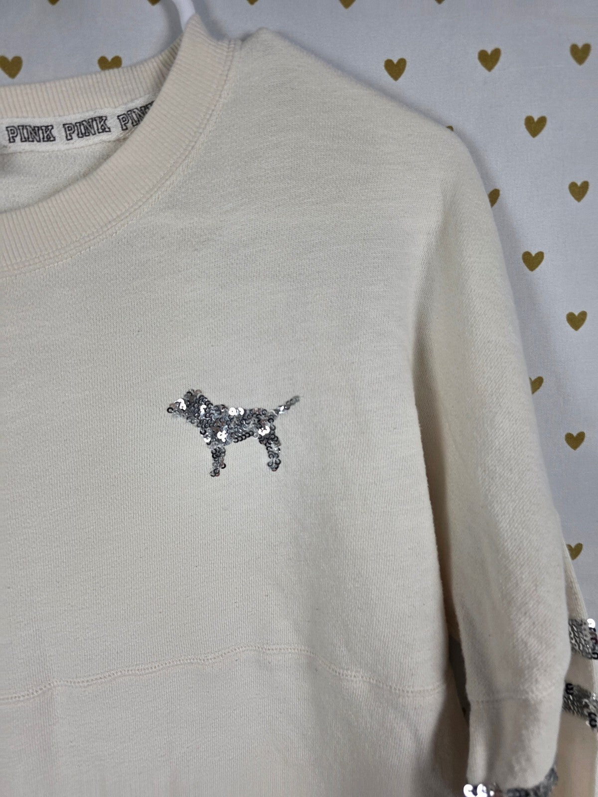 Victorias Secret PINK Cream Love Sequined Bling Sweater Shirt Small