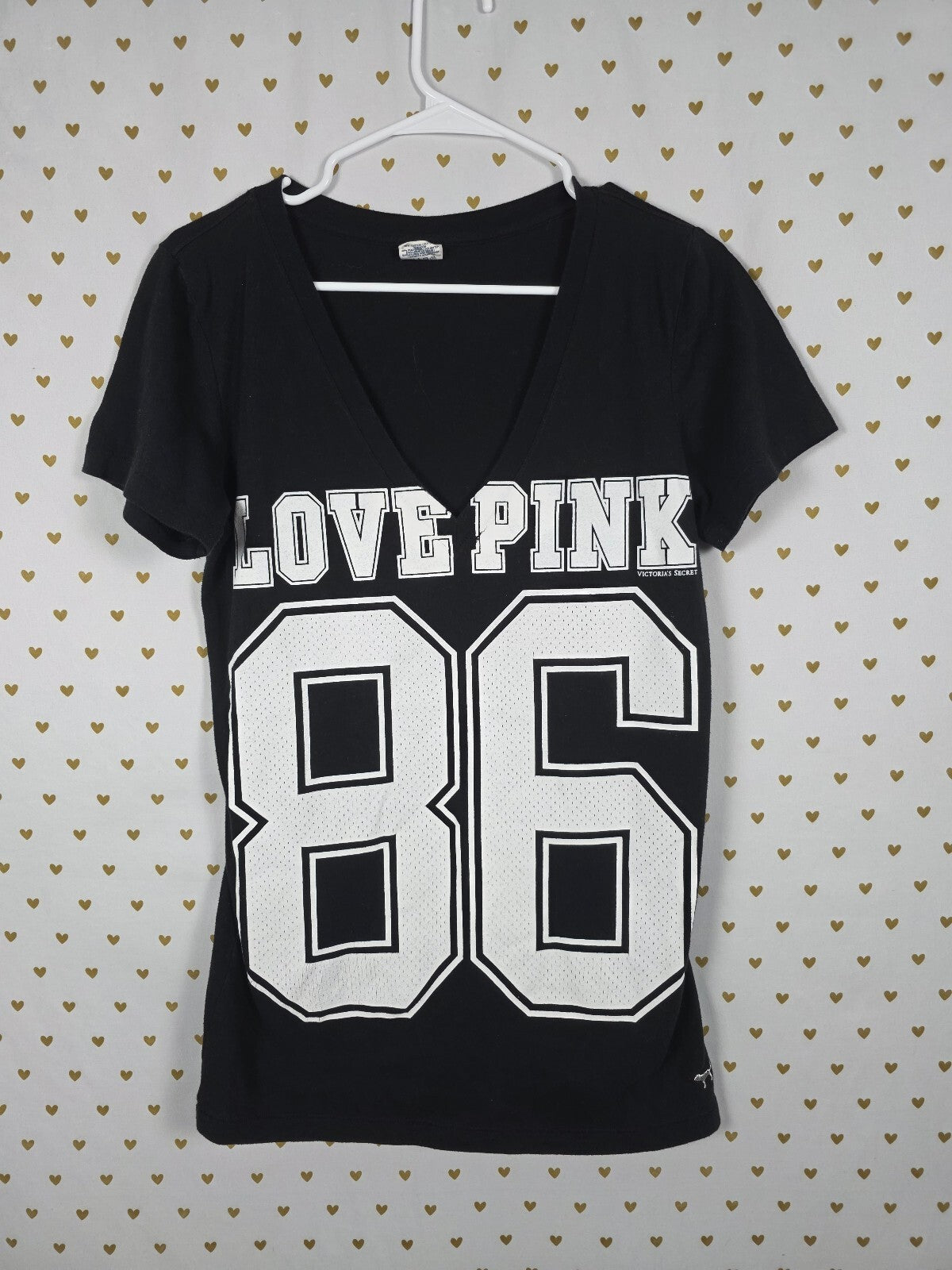 Victorias Secret PINK Vintage Jersey Logo V neck black tee shirt LARGE