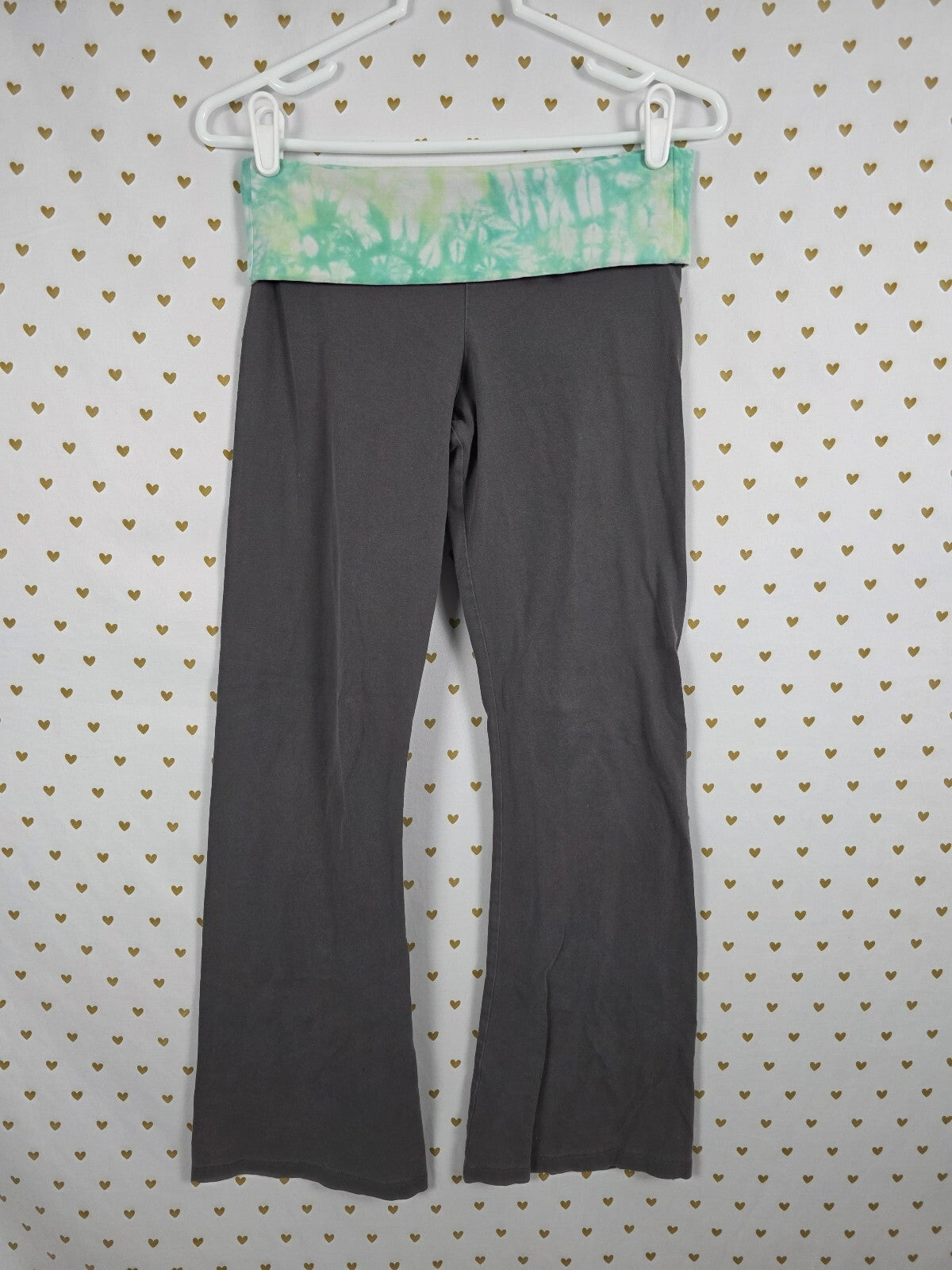 Victorias Secret Grey Foldover Yoga Pants Green Tye Dye Flare SMALL