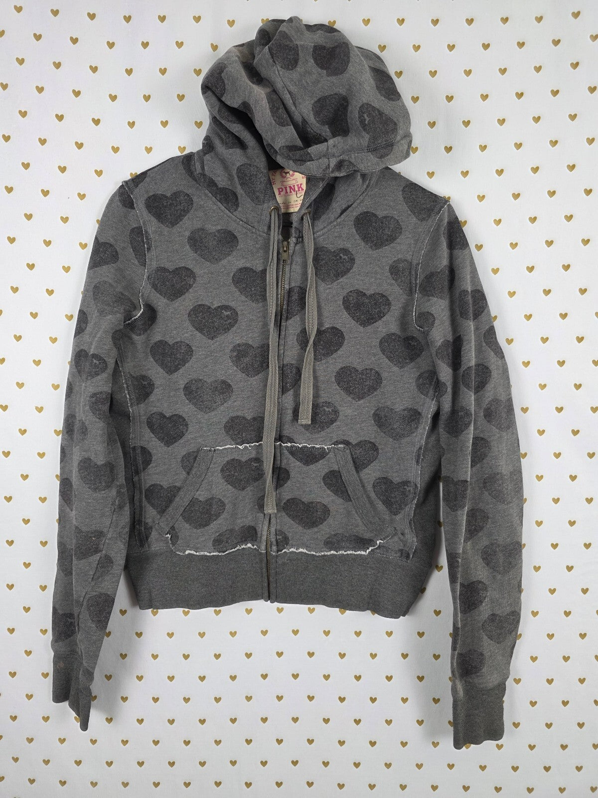Victorias Secret Pink Vintage HTF hearts Full zip Hoodie Sweater Large Y2K L