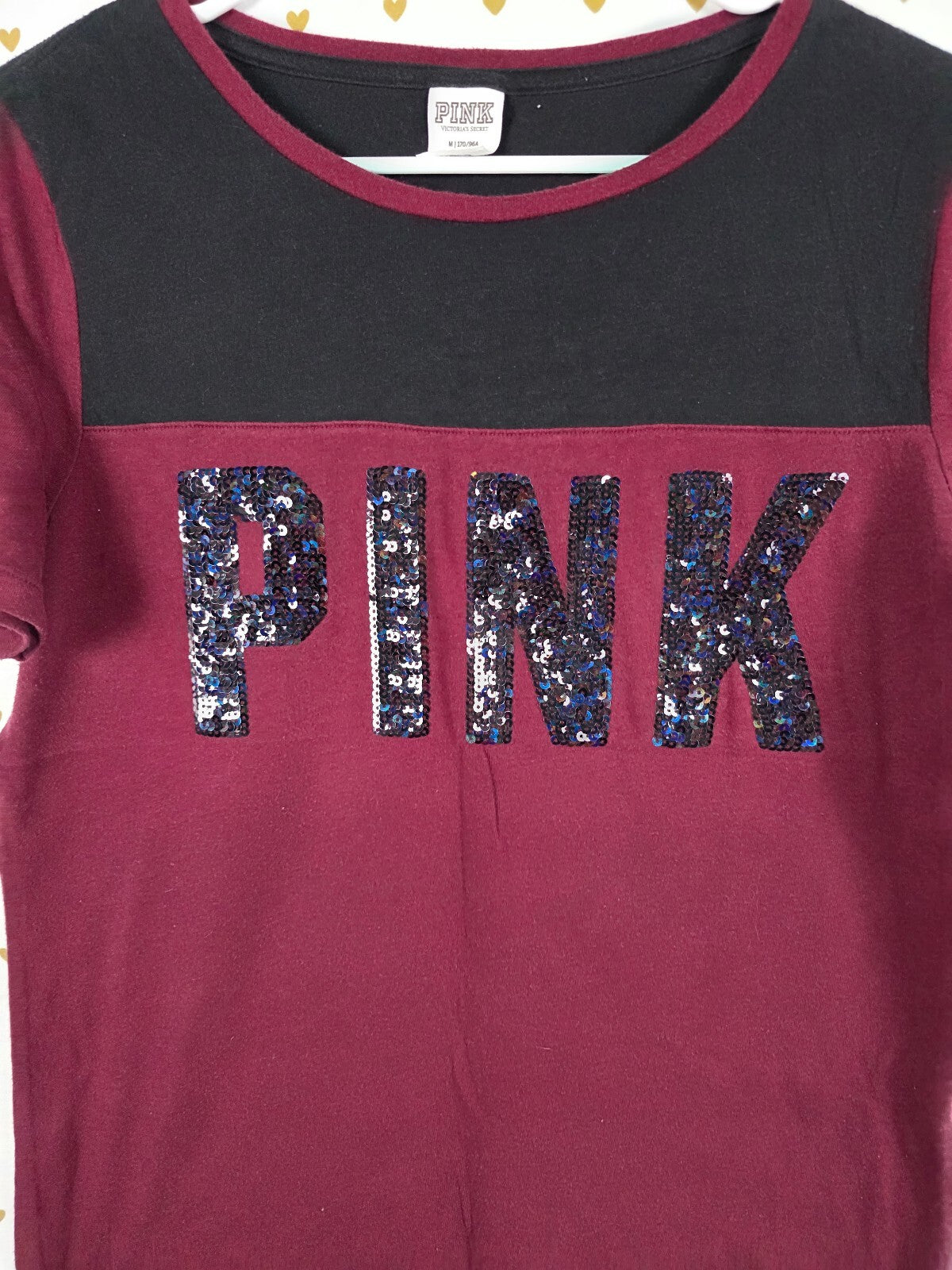 Victorias Secret PINK Maroon Bling Colorblock Sequined Tee shirt MEDIUM