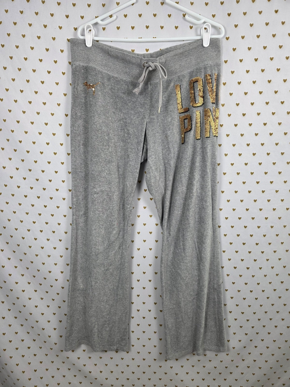 Victorias Secret Pink Fur Lined Bling Vintage Velour SET Hoodie Sweats L Grey