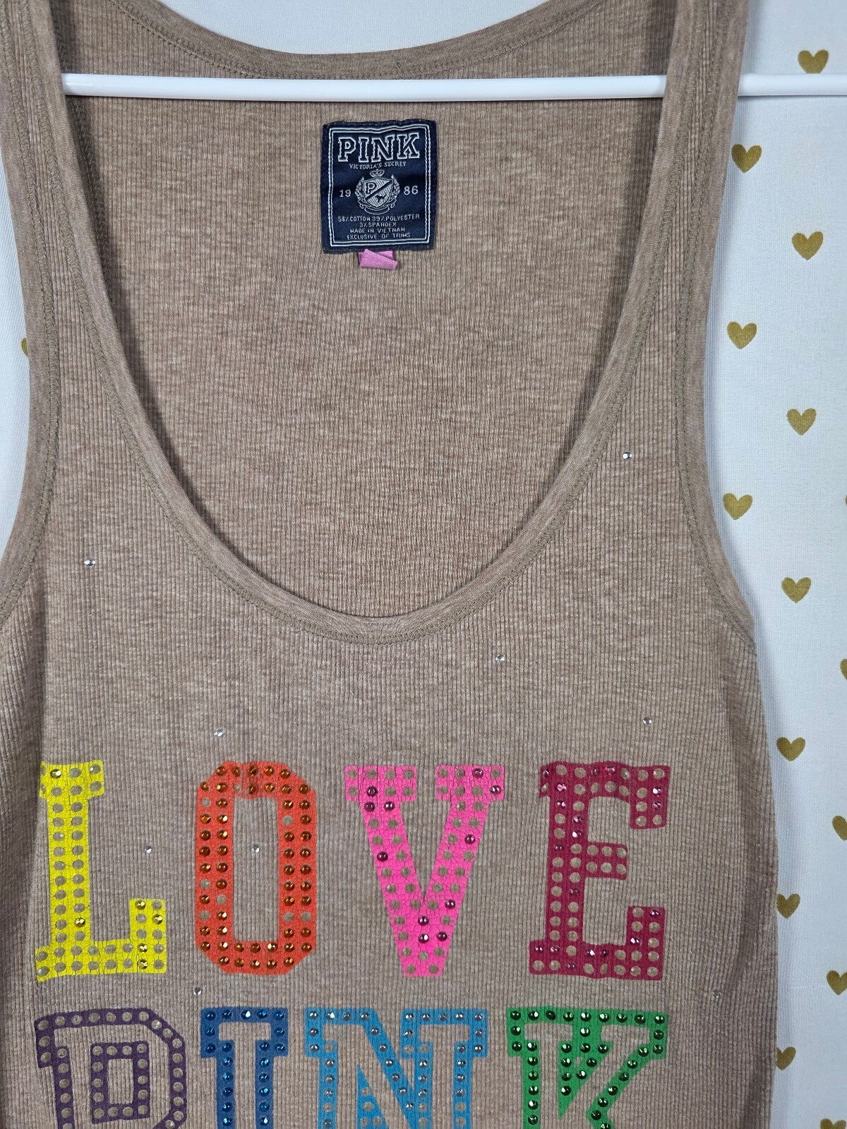 Victoria's Secret PINK Love Pink Rhinestone Ribbed Tank Top Y2K Bling Large