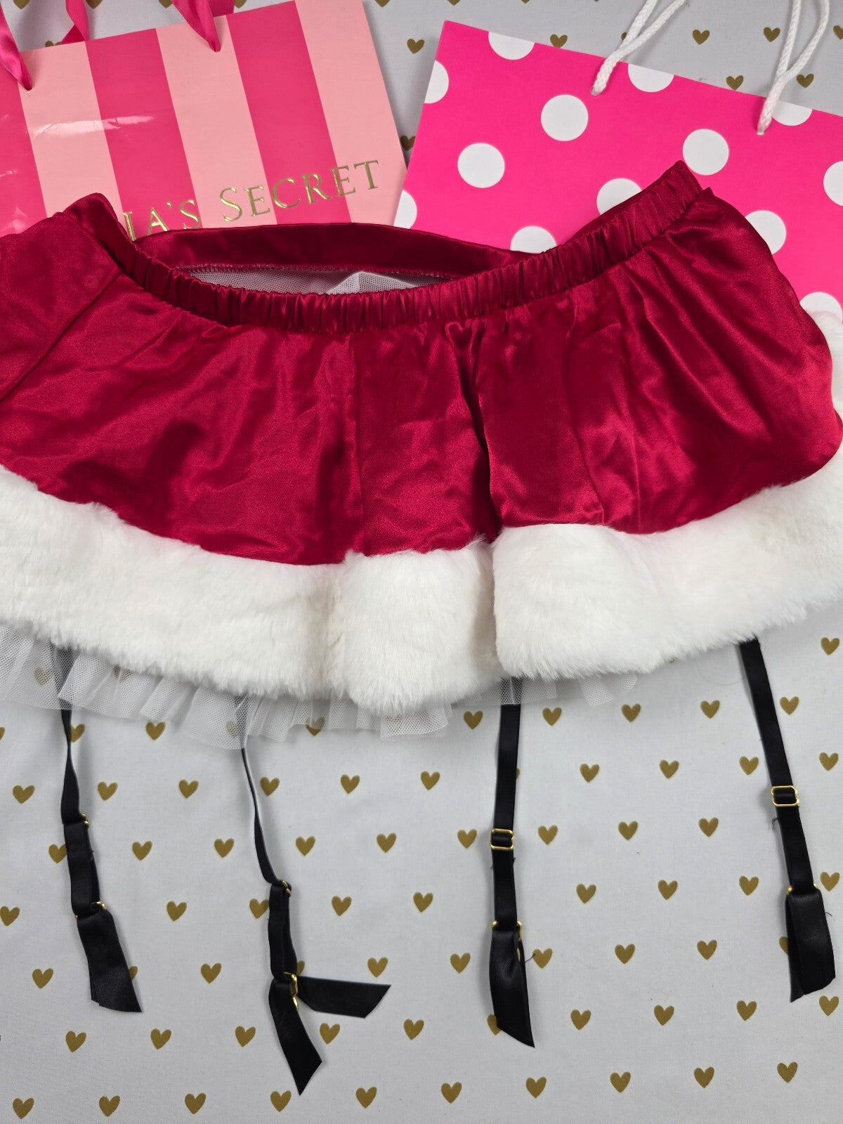 Y2K Victoria’s Secret Santa Baby Garter Skirt Red Satin Fur Tulle OS