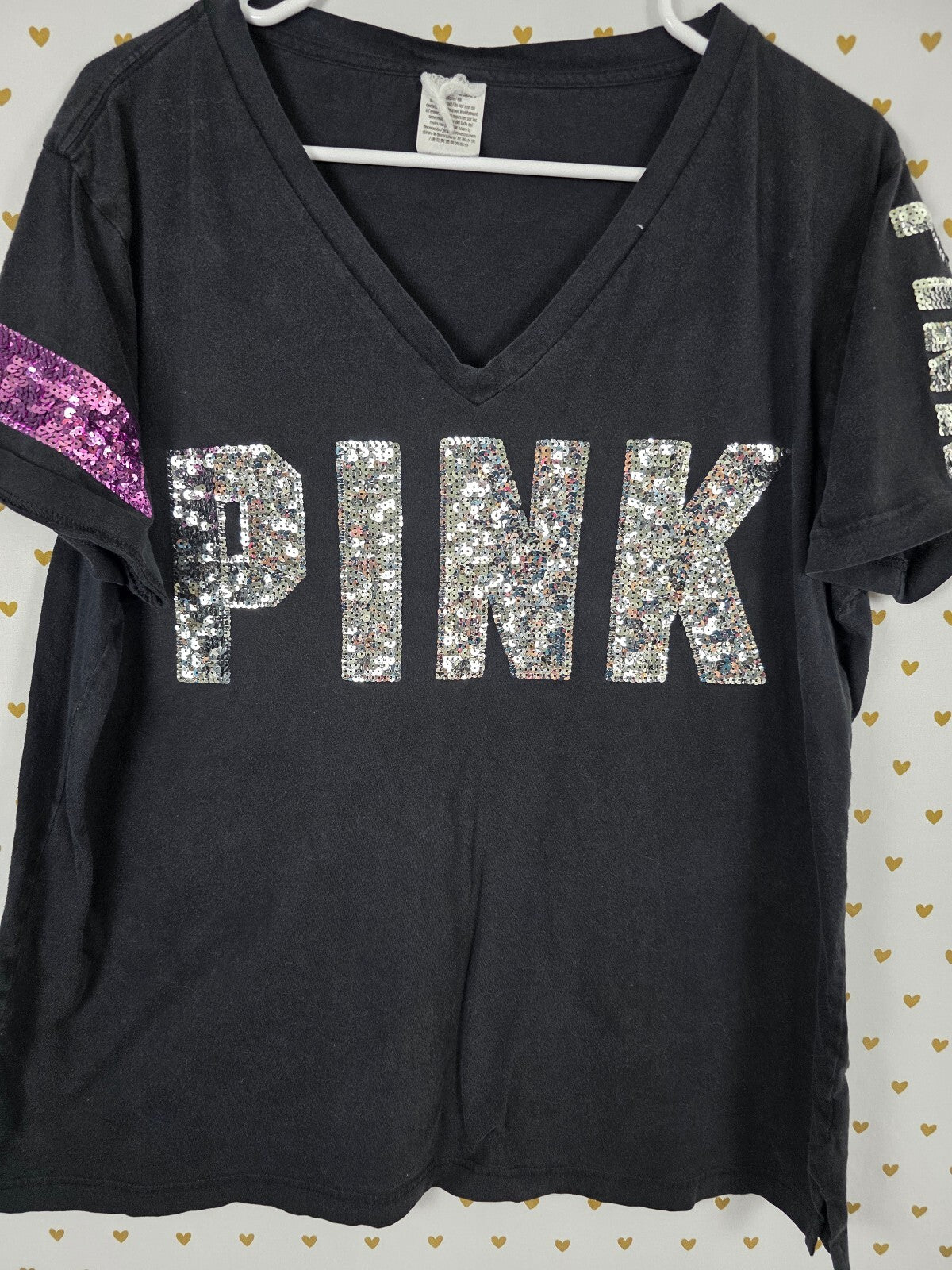 Victorias Secret PINK Black V neck Bling tee shirt Sequined