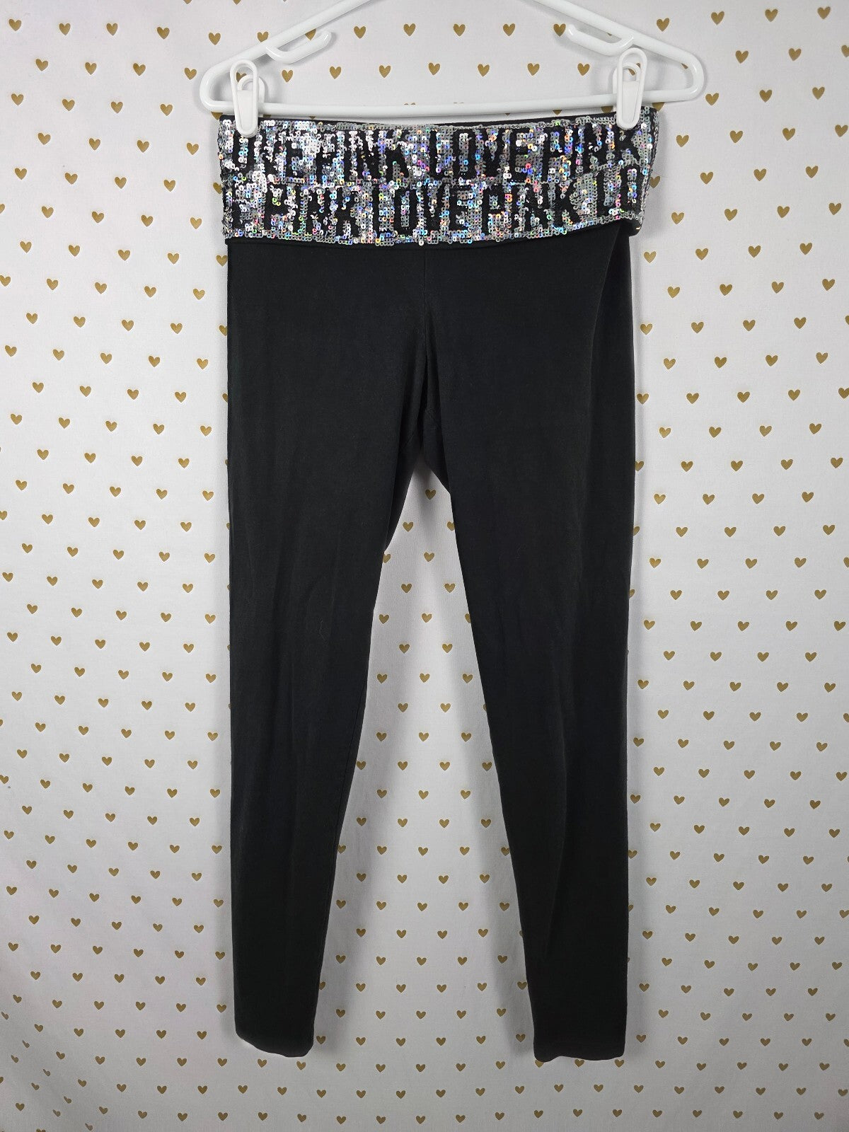 PINK Victoria's Secret FASHION SHOW Bling Foldover Leggings Black Sequin Y2k SM