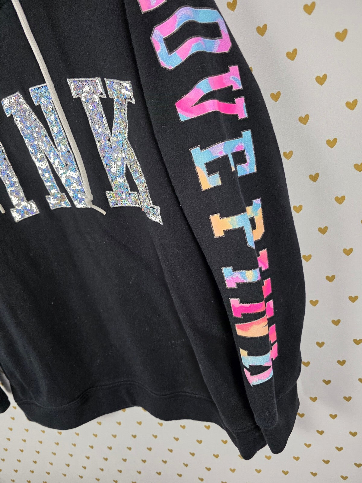 Victorias Secret Pink Watercolor BLING sequin Pullover Hoodie Sweater SMALL