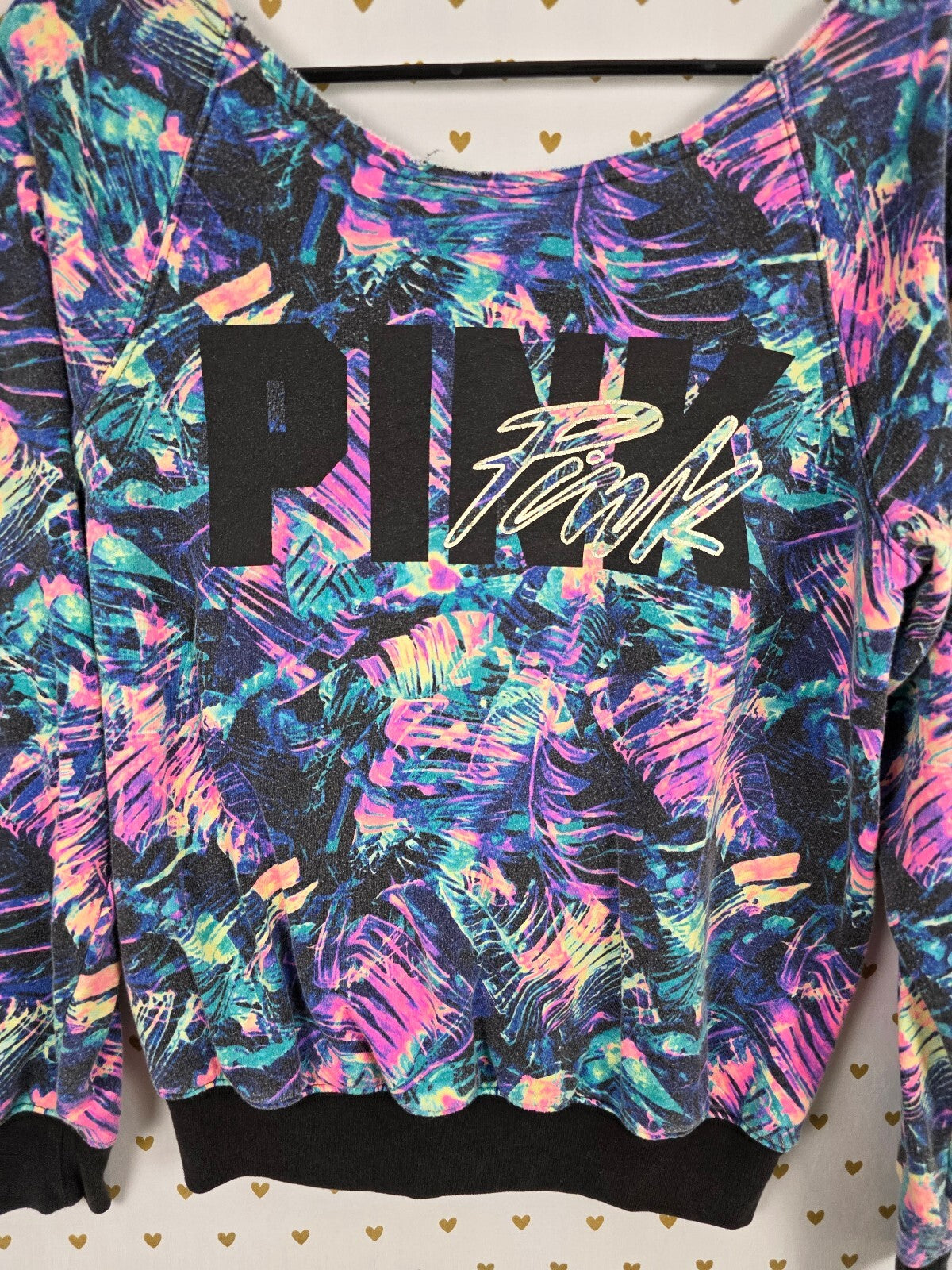 Victorias Secret Pink Neon Logo Slouchy Oversized Sweater Shirt Off Shoulder XS