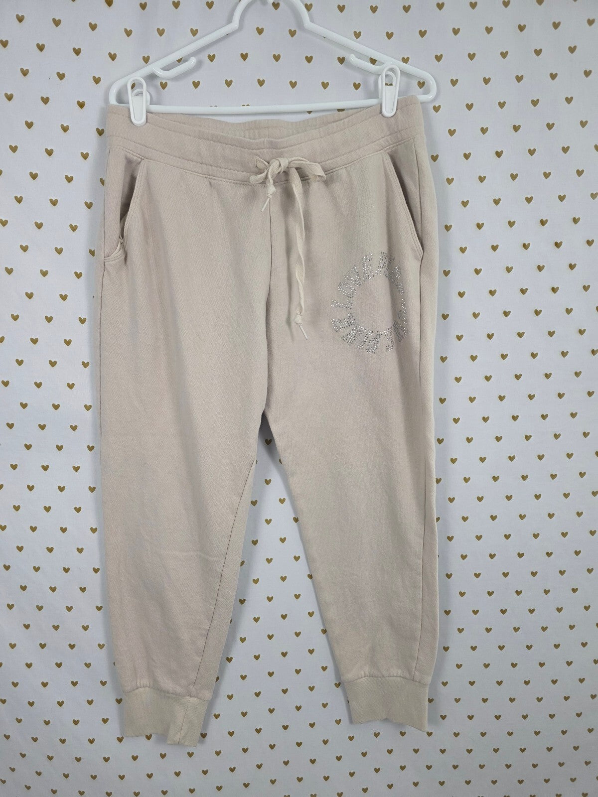 Victorias Secret PINK Bling Studded Logo Sweats Tapered Beige Large