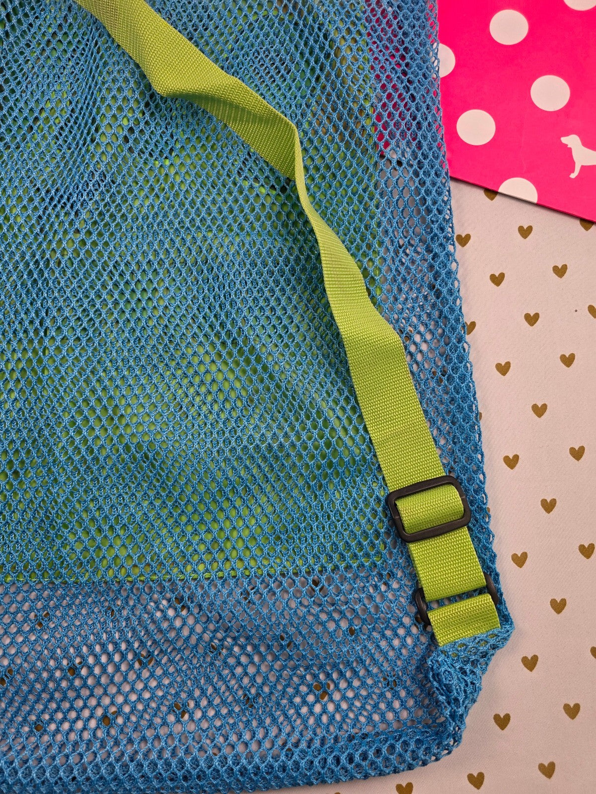 2007 VS PINK University 86 Mesh Laundry Bag Blue Green Dog BLING Vintage