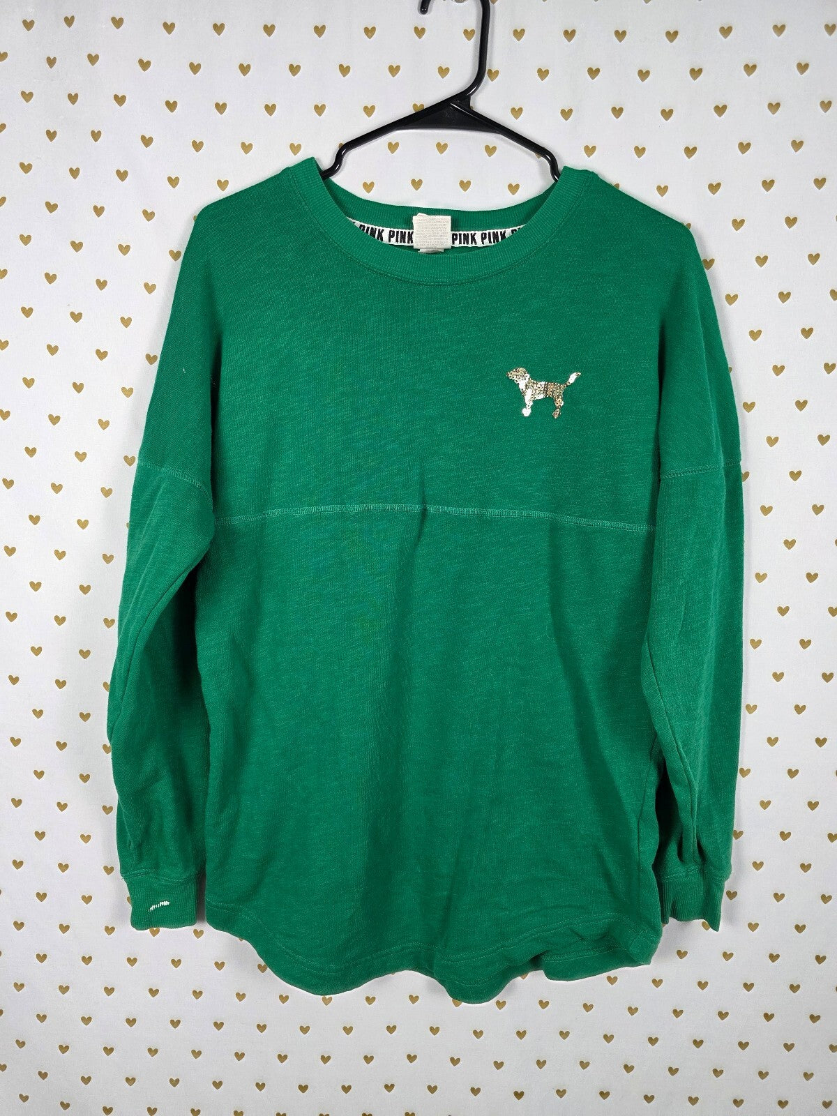 Victorias Secret PINK Green Campus BLING Dog Logo Tee shirt XS Oversized