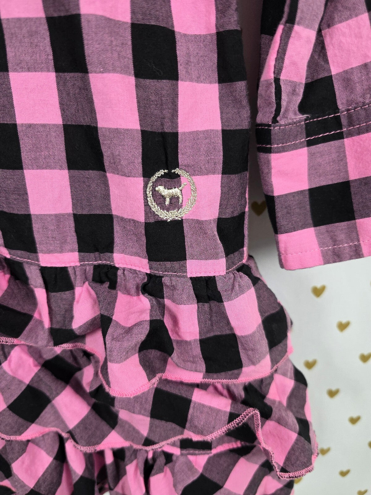 Victoria's Secret PINK Plaid Ruffle Shirt Dress S/P Pink Black BLING Rhinestone