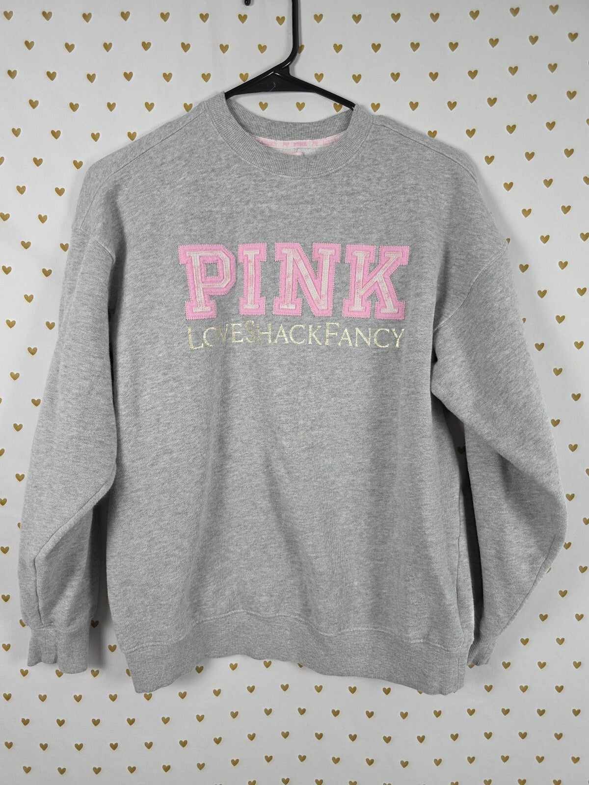 PINK x LoveShackFancy Oversized Crew Sweatshirt XS Gray Logo Bow Limited