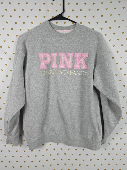 PINK x LoveShackFancy Oversized Crew Sweatshirt XS Gray Logo Bow Limited