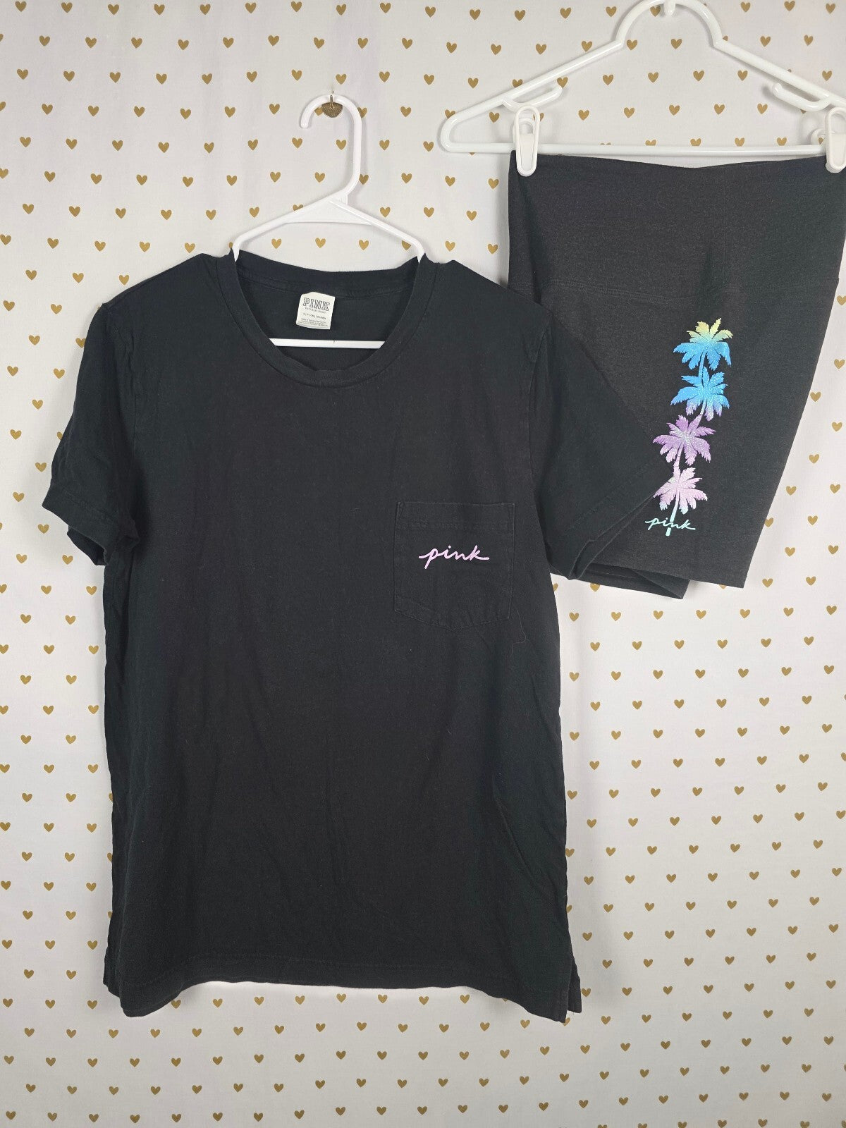 Victorias Secret PINK Bling Glitter Palm Tee shirt Bike Shorts SET 2pc Outfit Sm