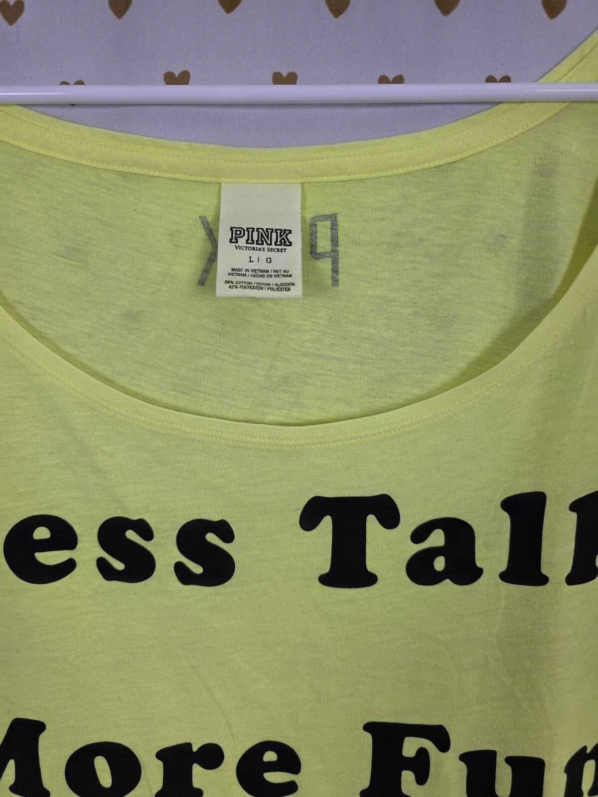 Victoria's Secret PINK Less Talk More Fun Tee L Neon Yellow Crop Graphic Shirt