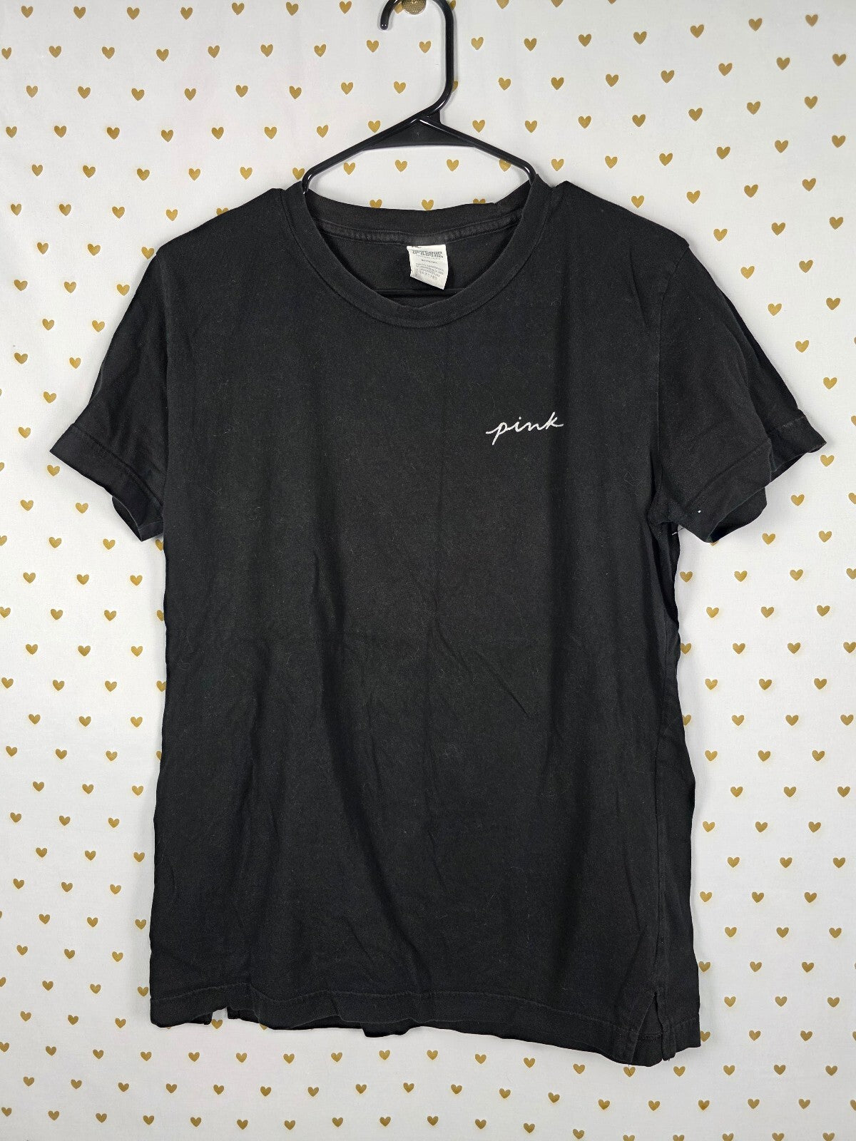Victorias Secret PINK Black Bling Studded Tee shirt Logo Glitter MEDIUM