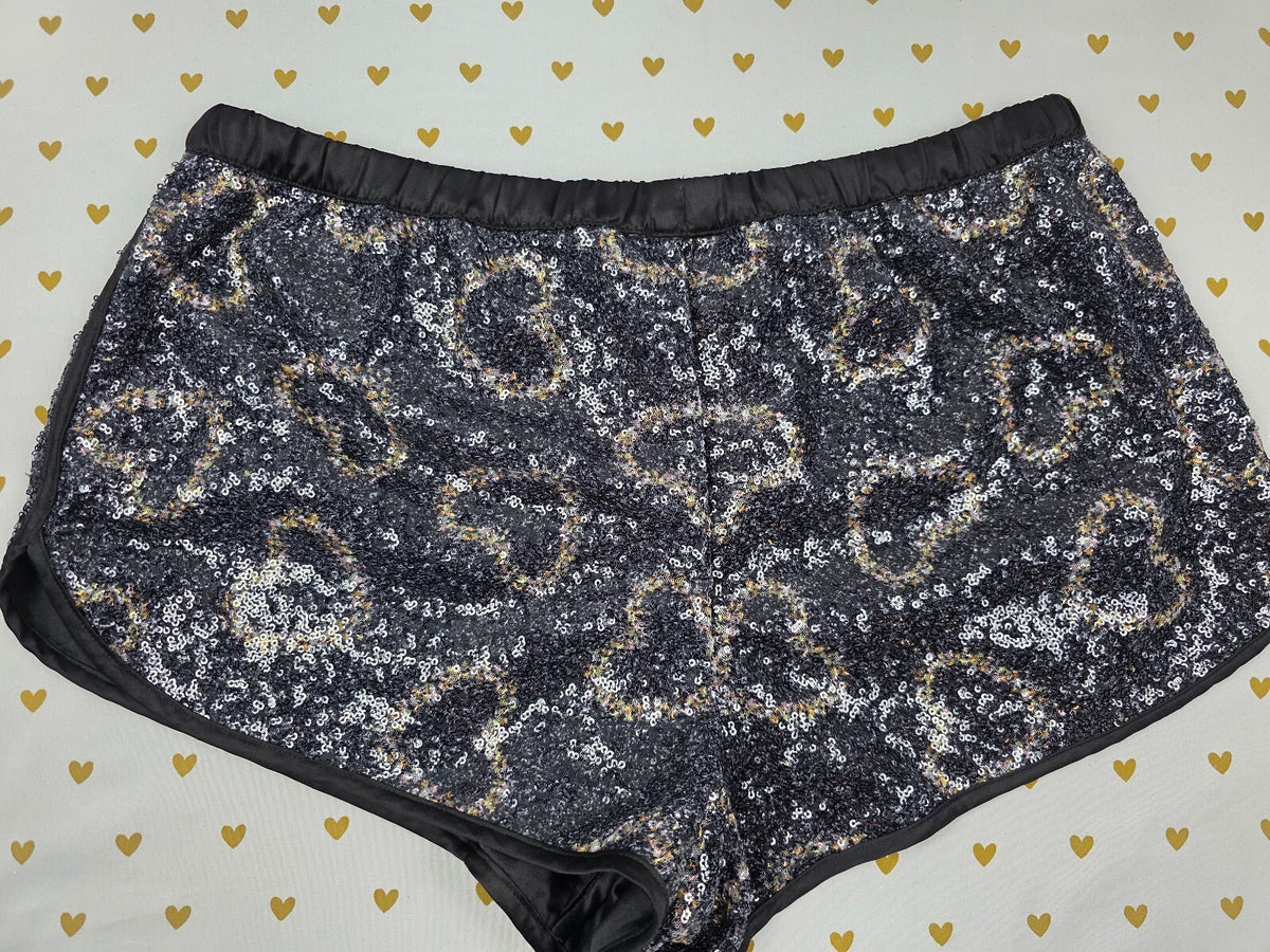 Victoria's Secret NWT Black Sequin Leopard Lounge Sleep Shorts Satin Heart M