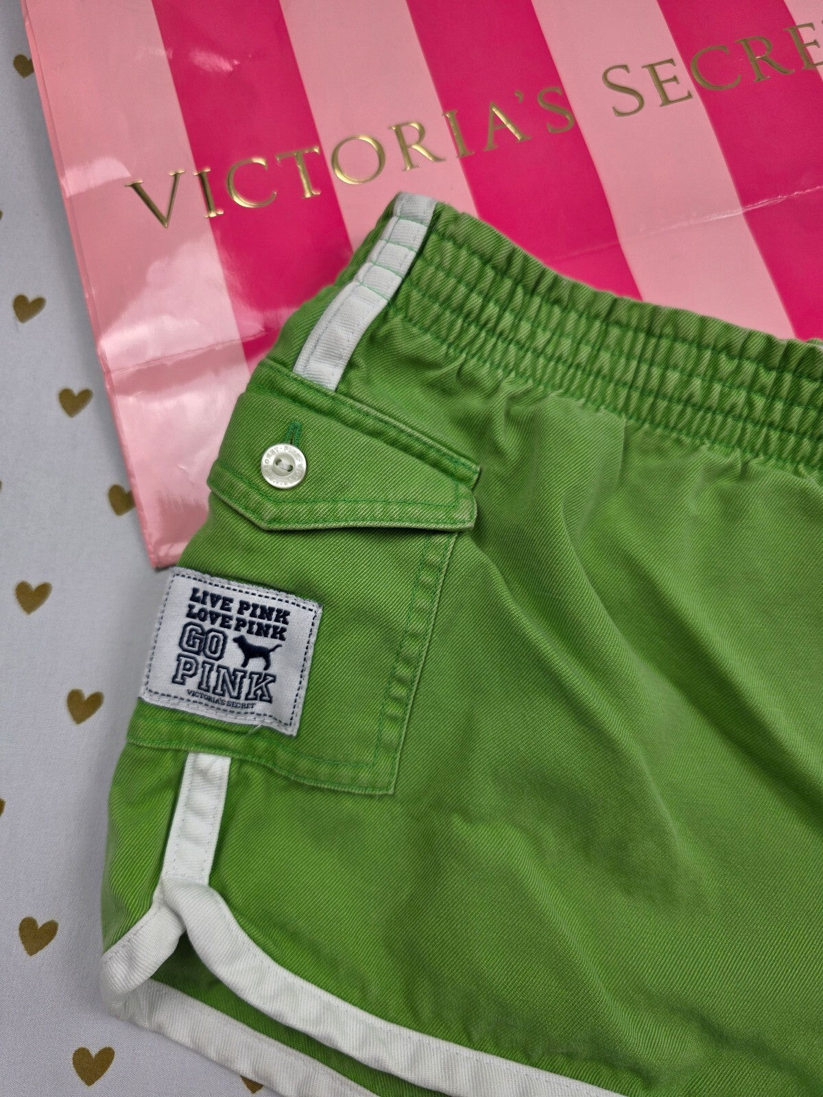 Vintage 2007 VS PINK Green Foldover Dolphin Shorts SMALL Go Pink Y2K Cargo