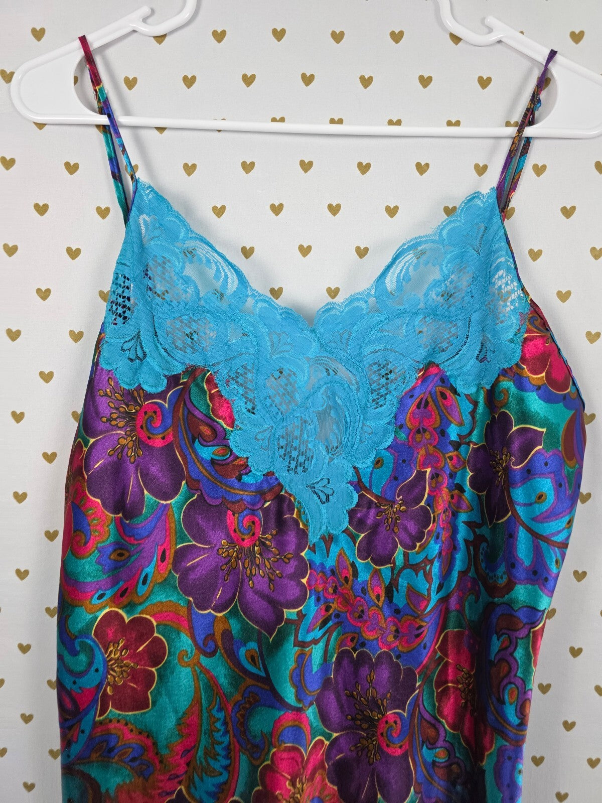 Vintage Victoria's Secret Satin Chemise L Floral Paisley Turquoise Lace 90s