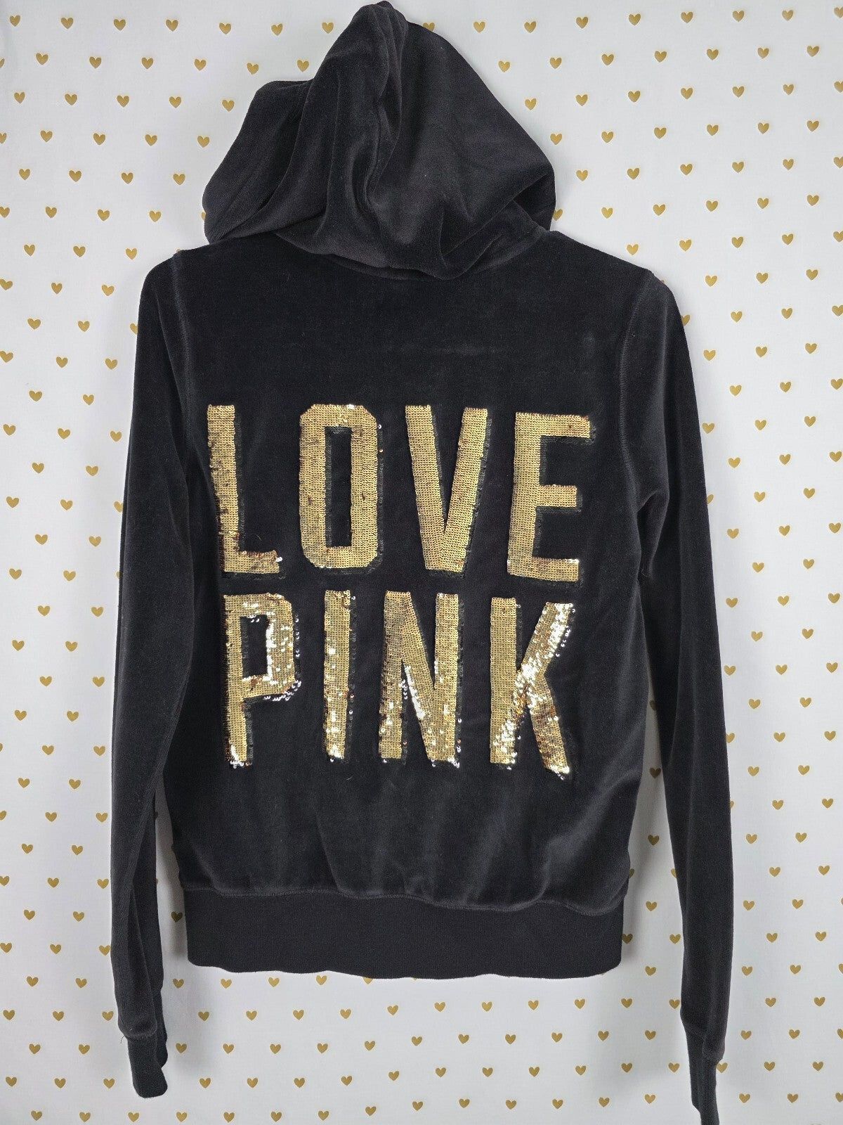 Victorias Secret Pink Vintage VELOUR BLING Hoodie Sequined Jacket Gold Black MED
