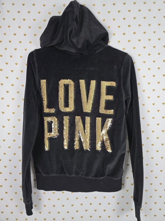 Victorias Secret Pink Vintage VELOUR BLING Hoodie Sequined Jacket Gold Black MED