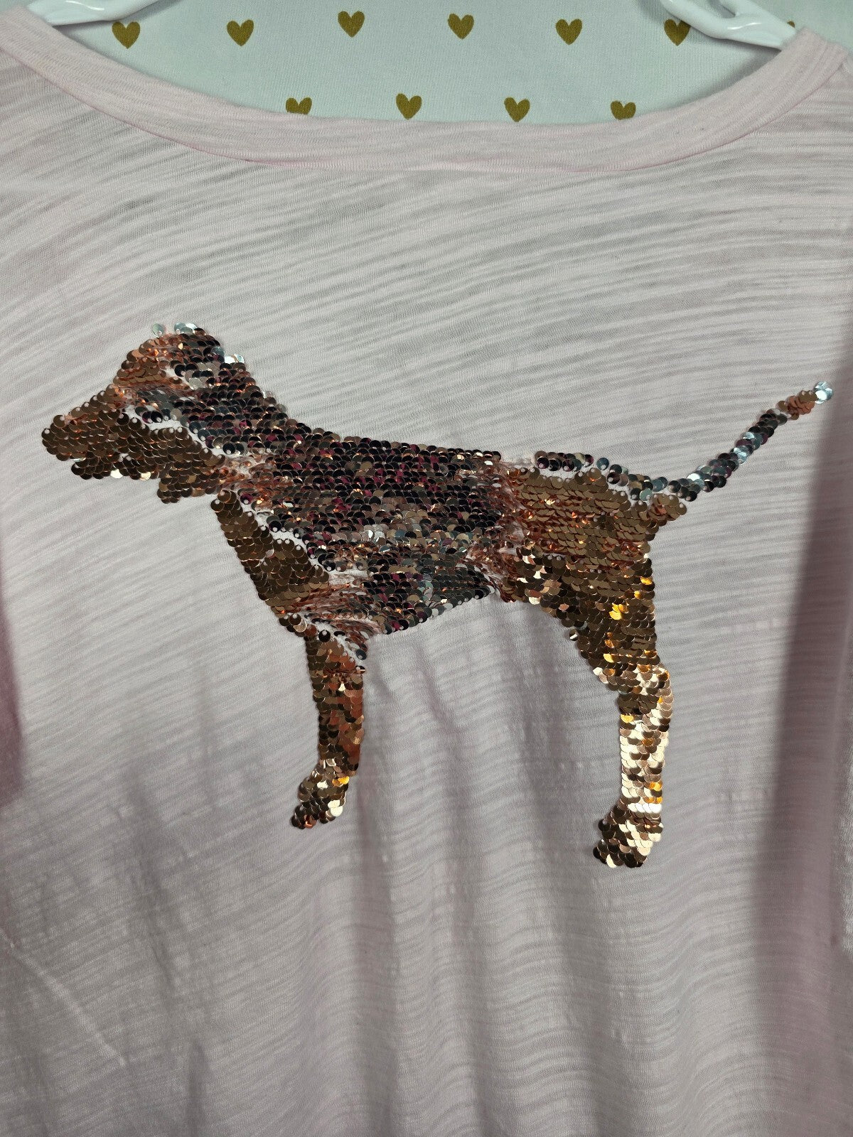 Victorias Secret PINK BLING Flip Sequin Dog Logo V neck tee shirt Small