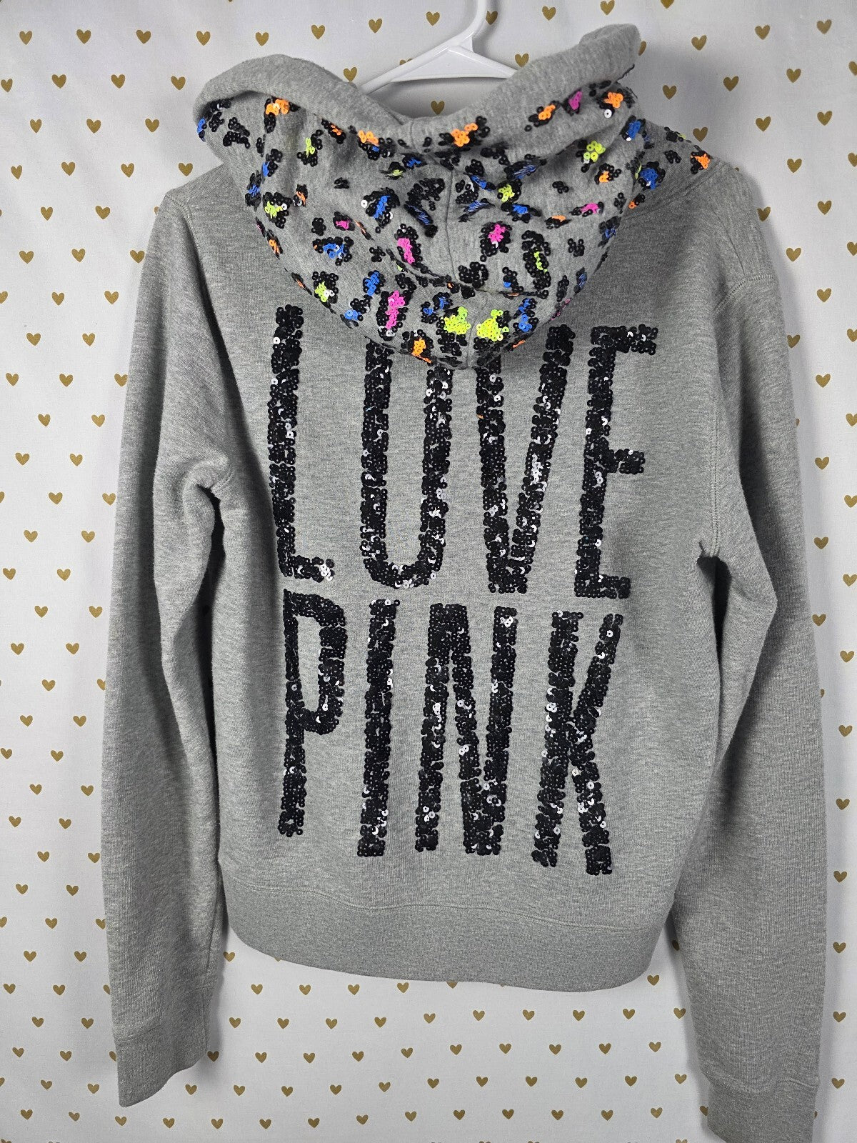 Victoria's Secret PINK Rare LIMITED Sequin Leopard Love Pink Zip Hoodie Gray M