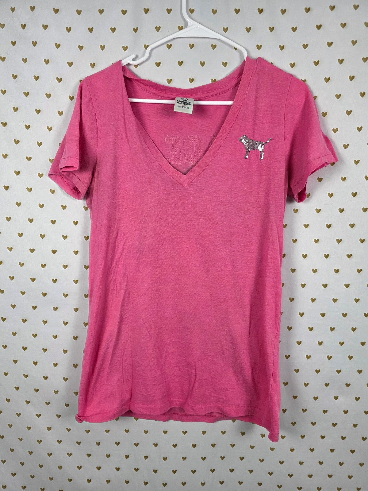 Vintage 2009 Victoria's Secret PINK Tee L Sequin Dog Bling V Neck Graphic