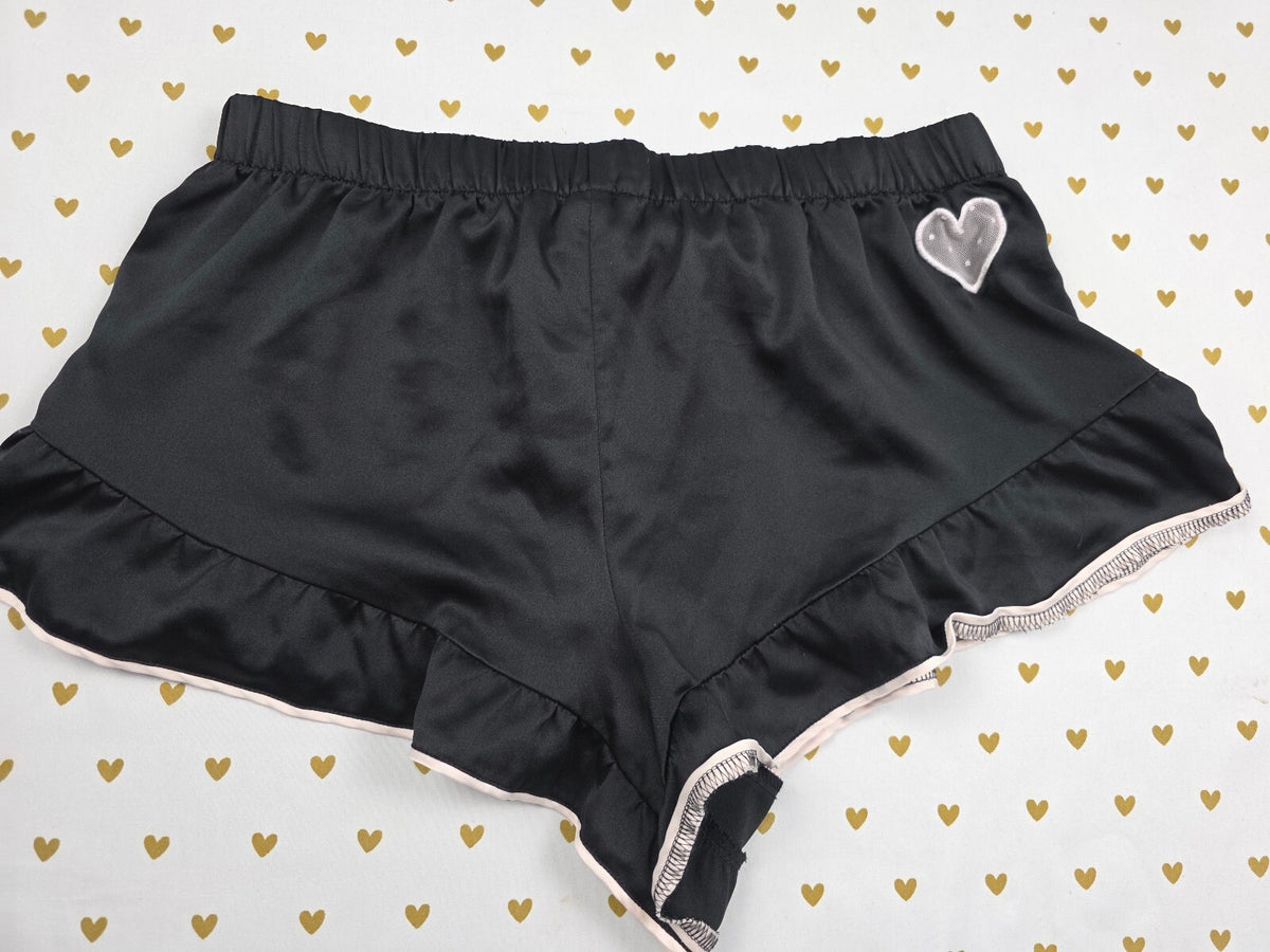 Victorias Secret Black Satin Ruffle Medium Sleep Shorts Boxers Pajama Bottoms