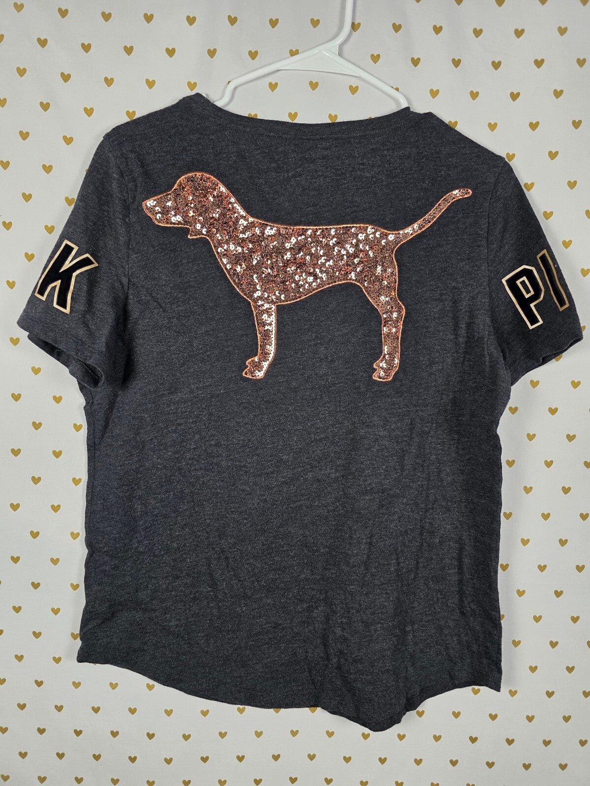 Victorias Secret PINK Large GOLD BLING DOG sequined Logo Tee Shirt