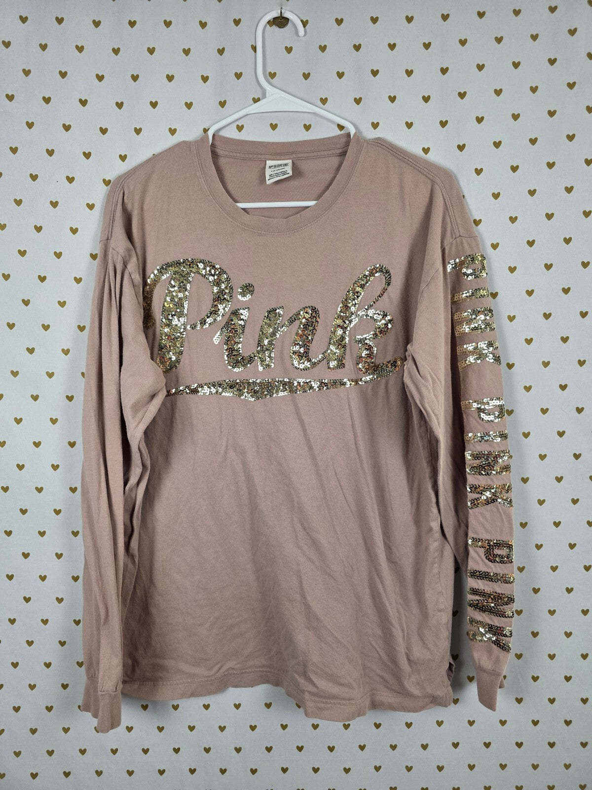 Victorias Secret PINK Gold Bling Sequined Long Sleeve Logo tee shirt Large