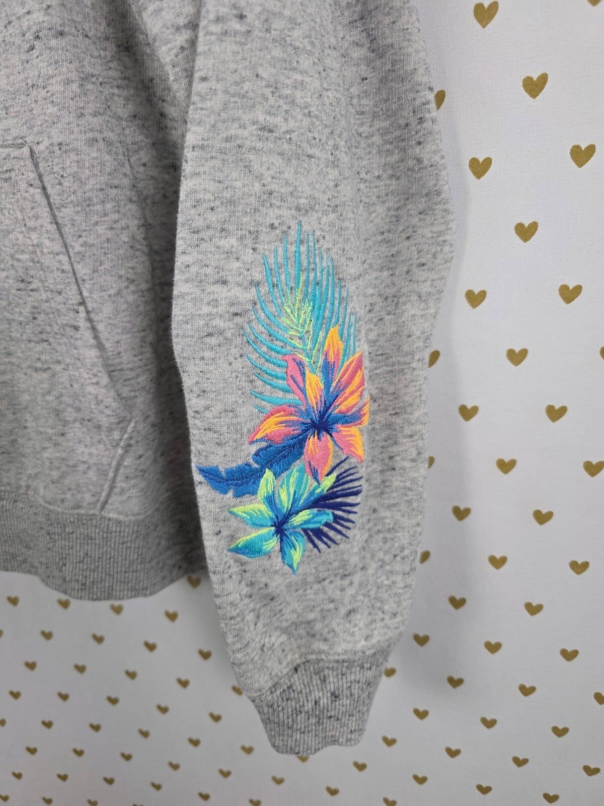 Victorias Secret Pink Embroidered Hibiscus Quarter Zip Grey Sweater SMALL