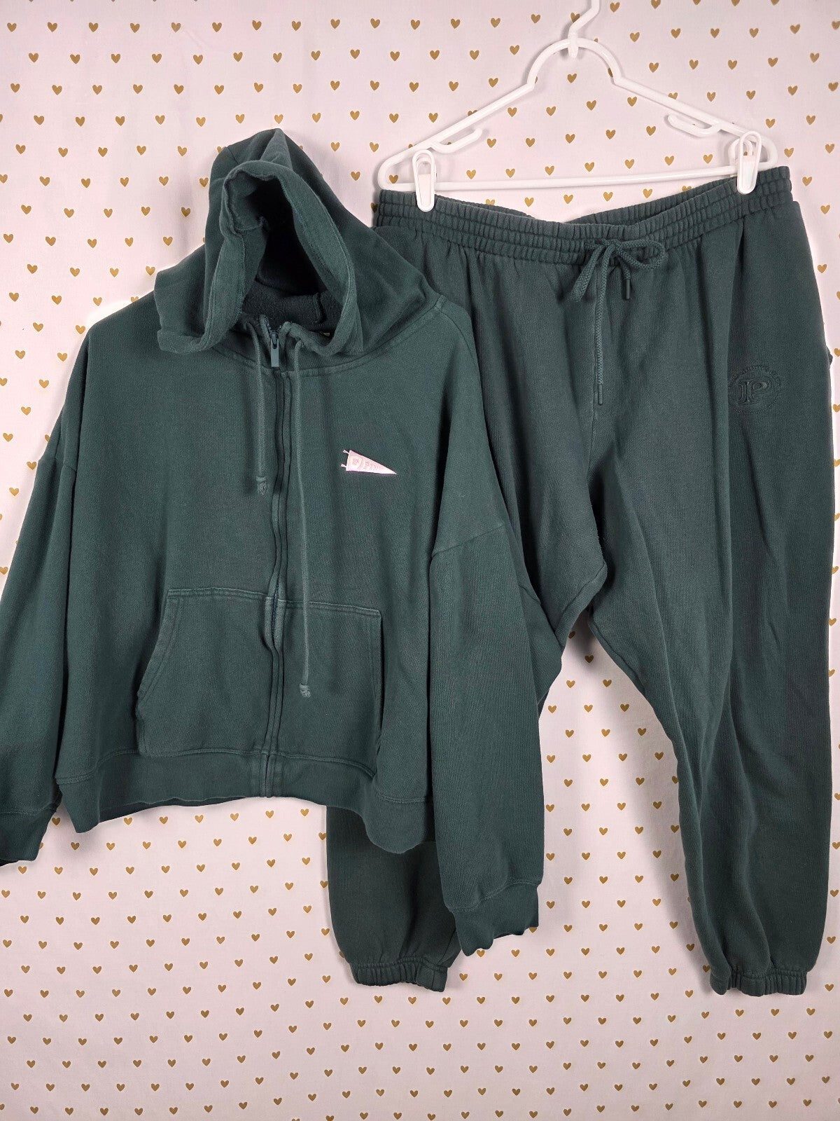 Victorias Secret Pink Green Full Zip Hoodie Jacket Sweats SET Outfit XL 2pc