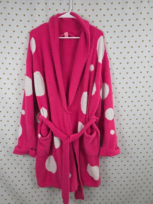 Vintage Victoria's Secret Pink White Polka Dot Plush Robe Belted Large