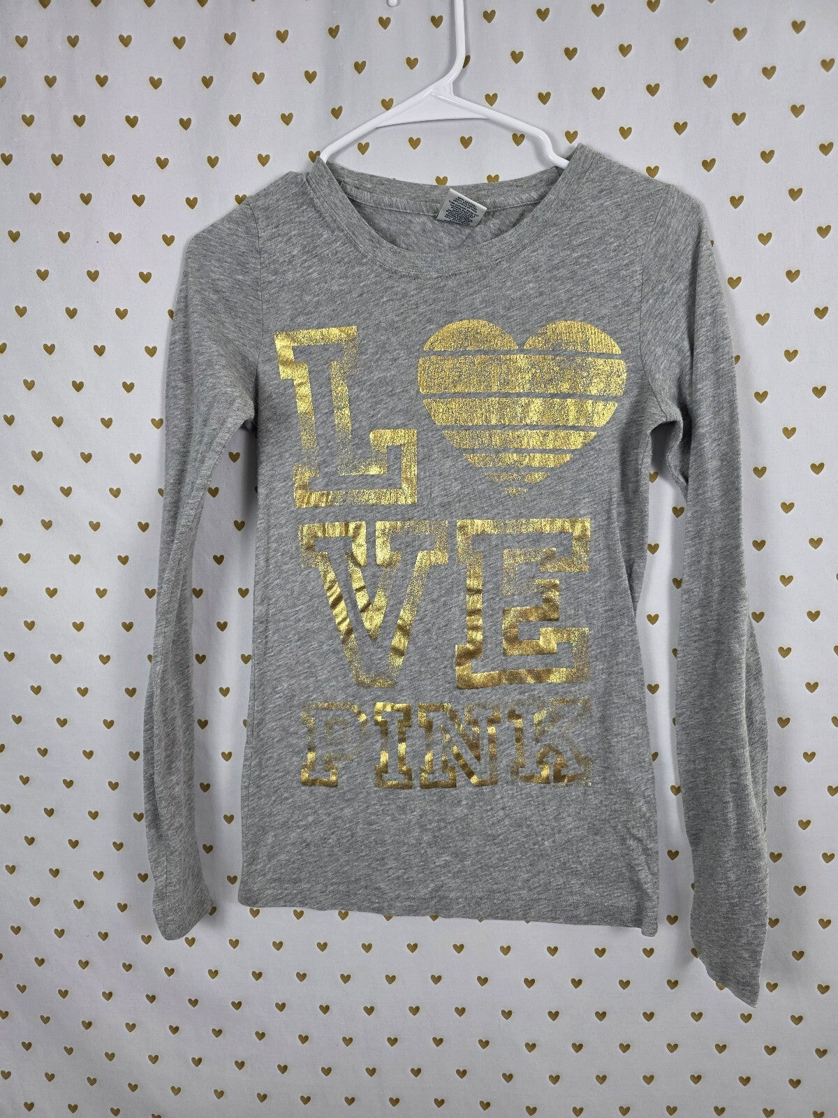 Victorias Secret PINK Vintage Gold Logo LOVE Long Sleeve Tee shirt y2k Small